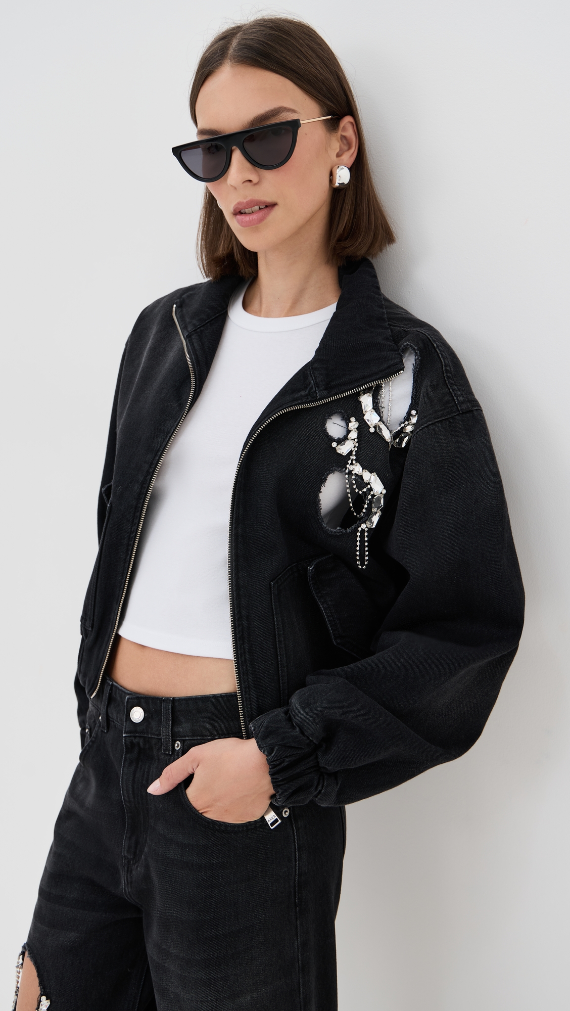 Area Crystal Chain Cutout Bomber Jacket