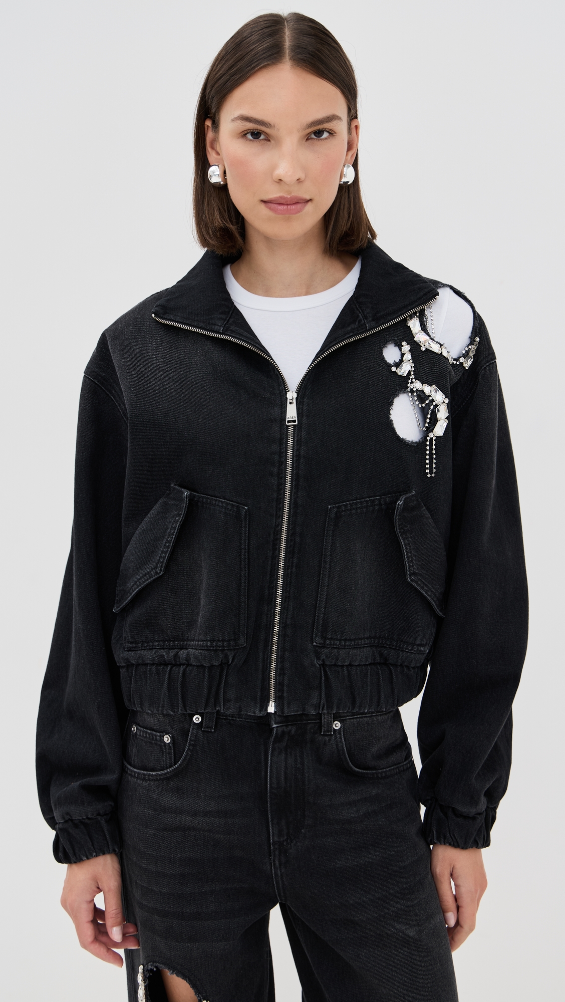 Area Crystal Chain Cutout Bomber Jacket thumbnail
