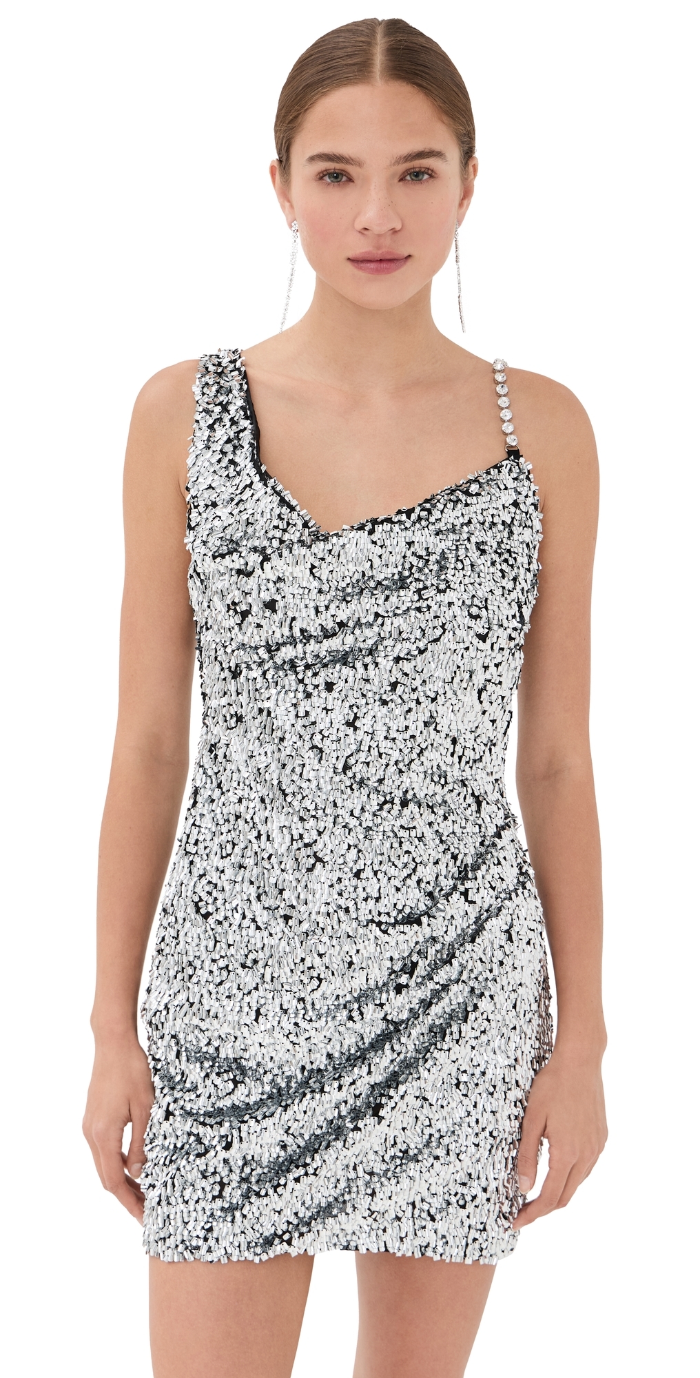 Area Crystal Strap Sequin Mini Dress Silver In Silver