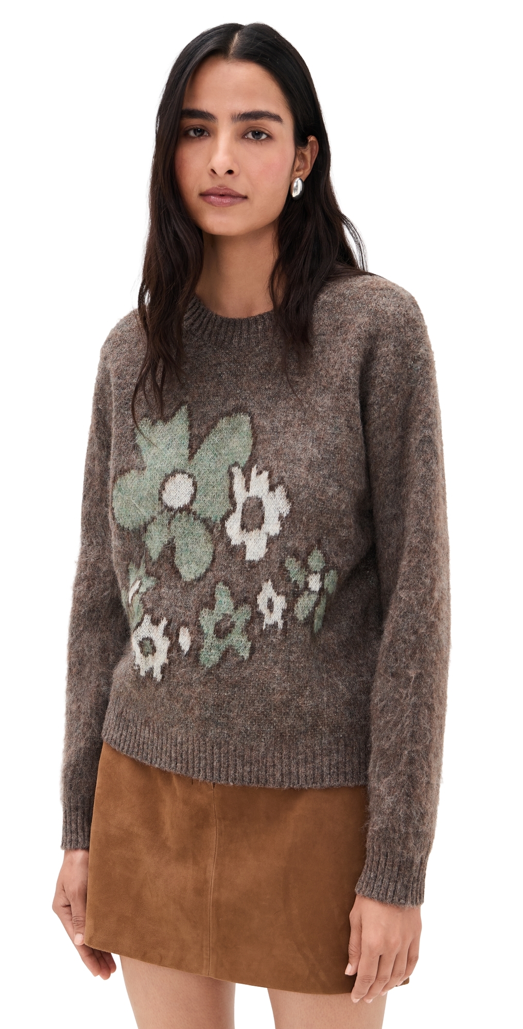 Astr Conetta Sweater Brown Green Floral In Brown