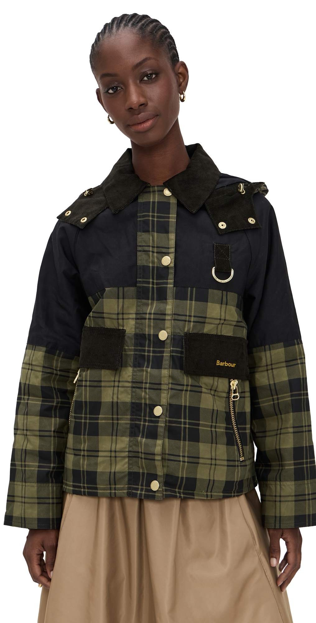 Barbour Elaine Hooded Corduroy-trimmed Checked Waxed-cotton Jacket In Green