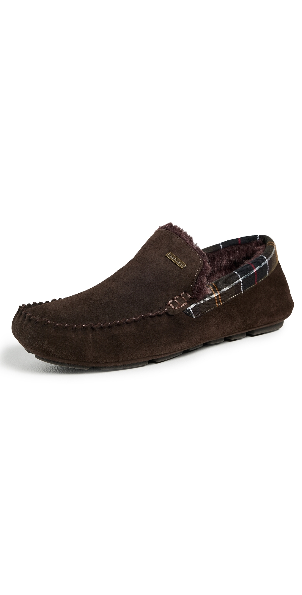 Barbour Mens Monty Faux-shearling Lined Tartan-check Suede Slippers Dark Brow In Brown