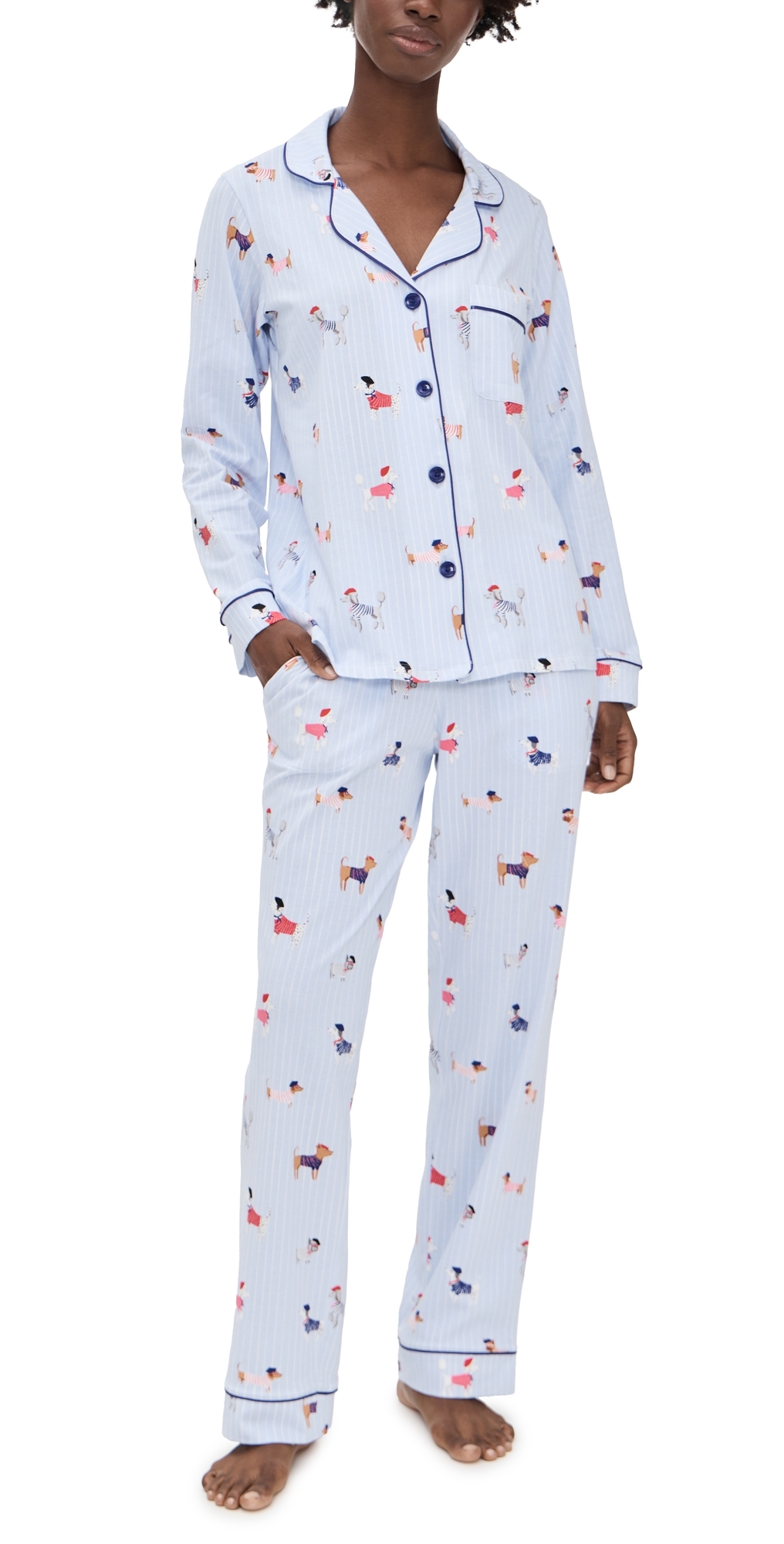 Bedhead Pjs Long Sleeve Cotton Knit Classic Pajama Set French Pups In White