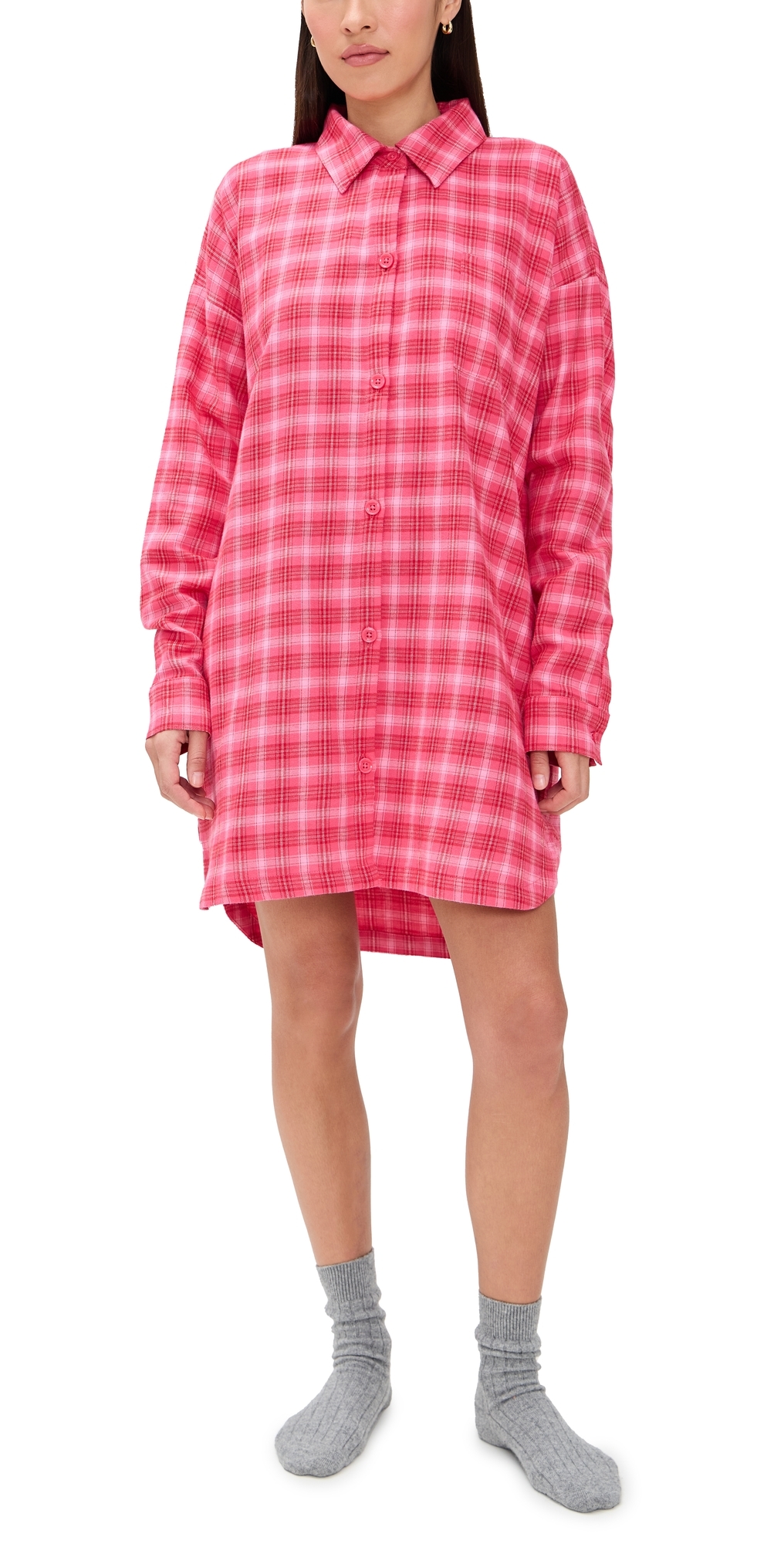 Bedhead Pjs Wonderland Plaid High Low Boyfriend Collared Shirt Wonderland Plaid
