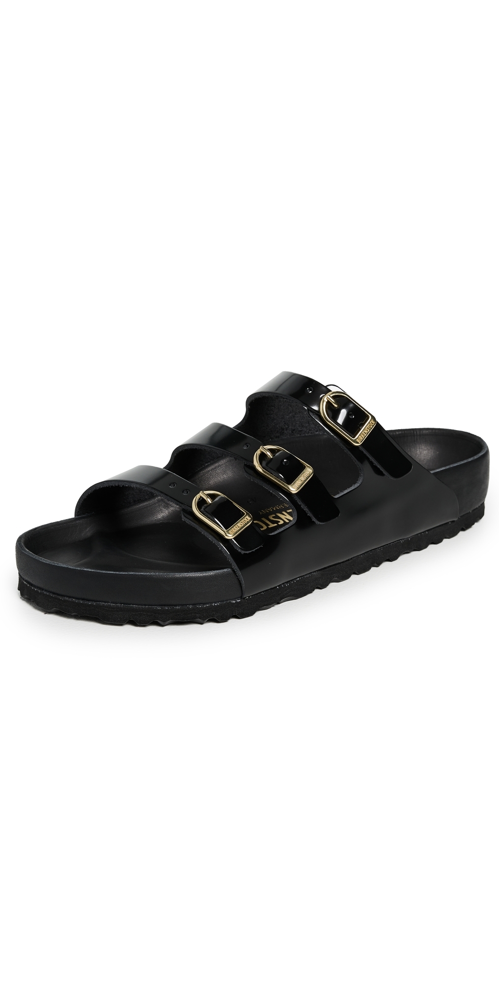 Birkenstock Arizona Sandalwood In Black Patent Leather With Three Buckles In Black