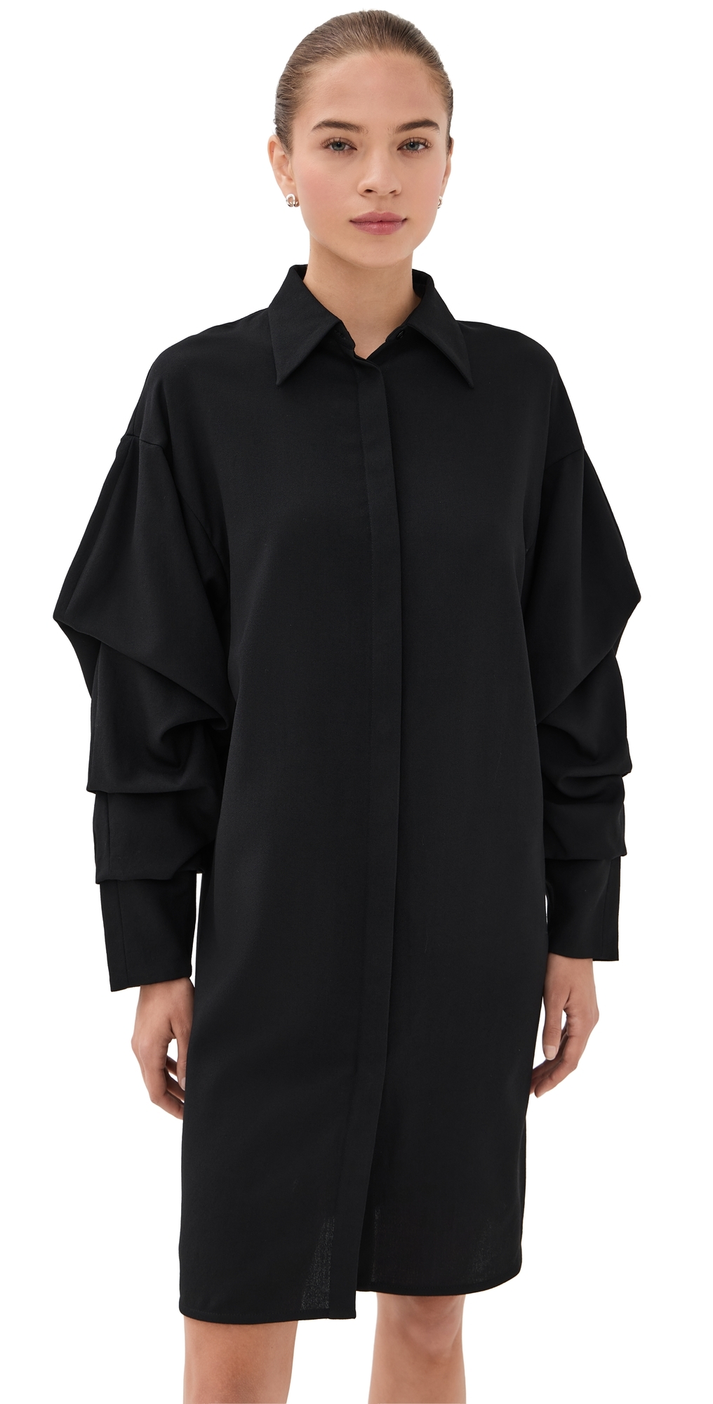 Bite Studios Pleated Sleeve Wool Crepe Shirt Dress Black In Black