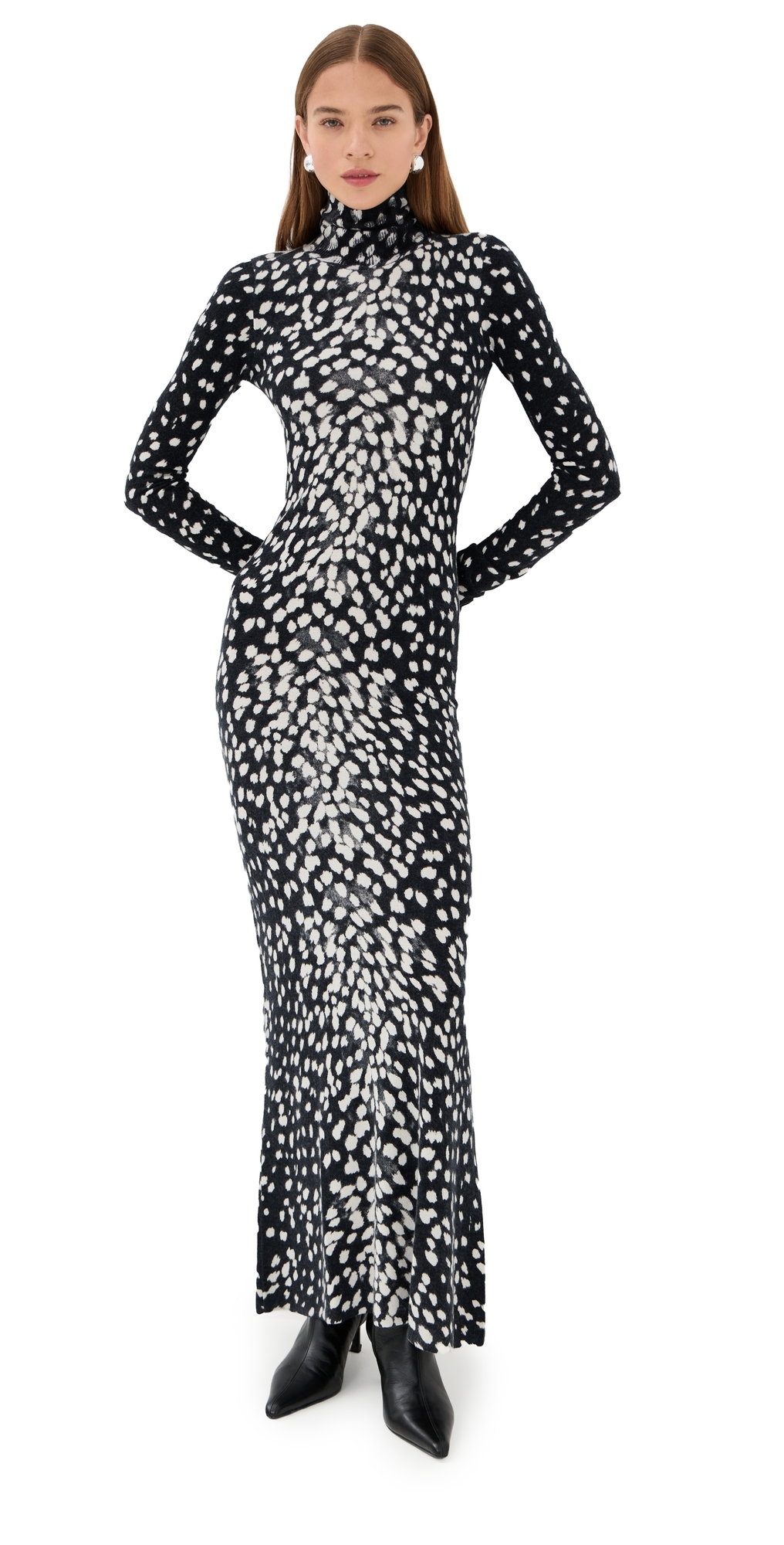 Brandon Maxwell The Camille Hand Printed Cashmere Turtleneck Dress Snow Leopard In Black