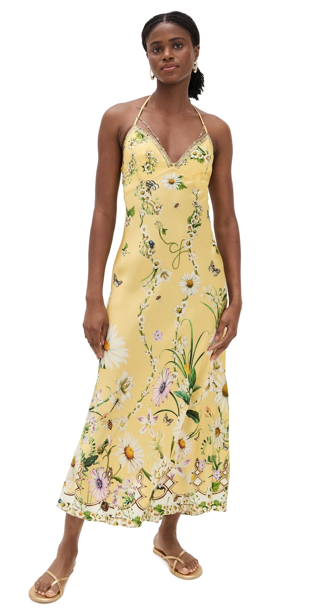 Camilla Chain Detail Bias Cut Silk Charmeuse Slipdress In Yellow