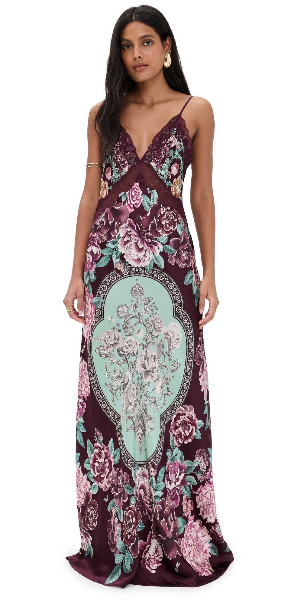Camilla V Neck Long Bias Silk Slip Dress With Train If These Tiles Could Talk In Multi
