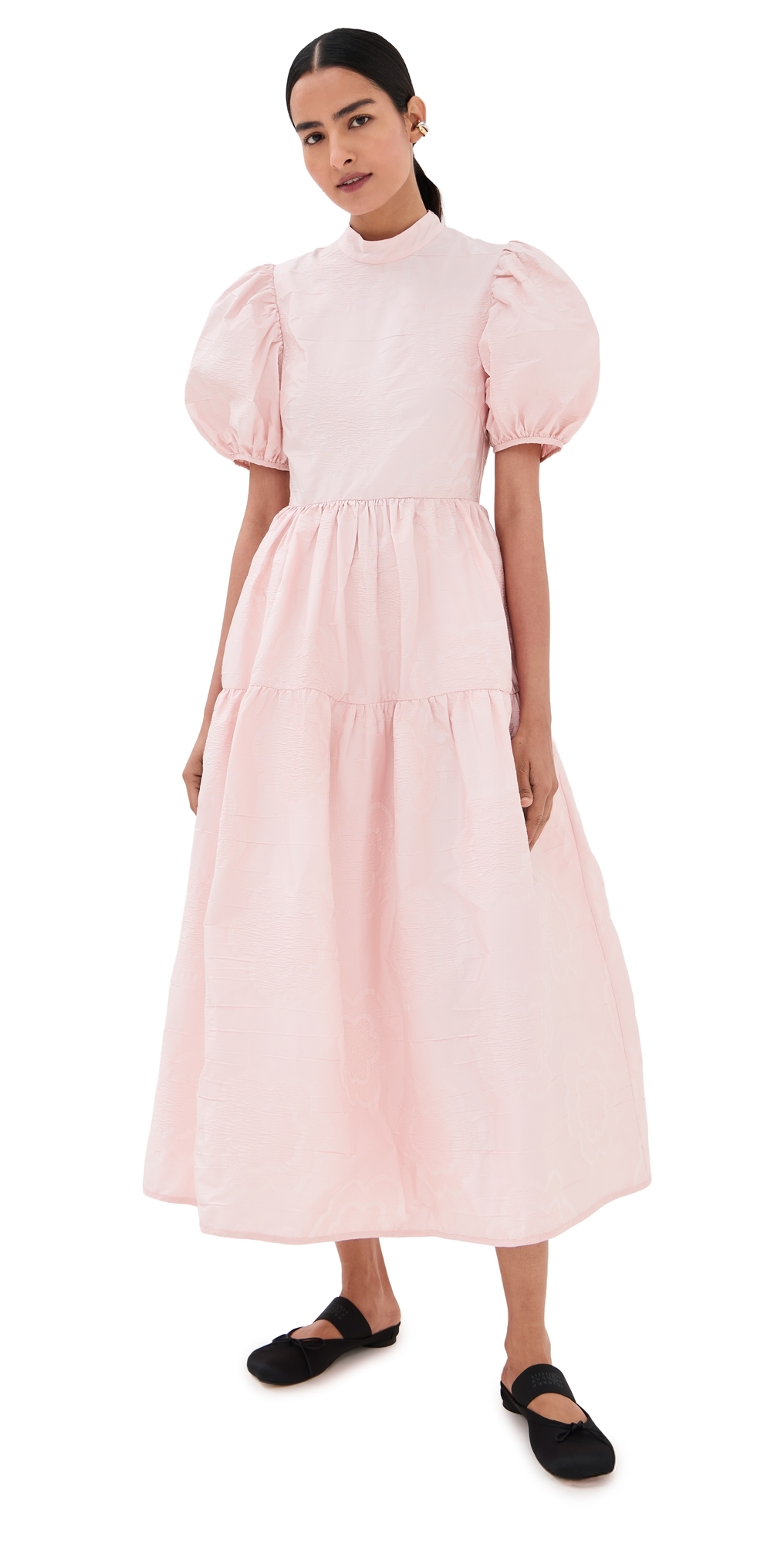 Cecilie Bahnsen Puff-sleeve Tiered Midi Dress In Pink