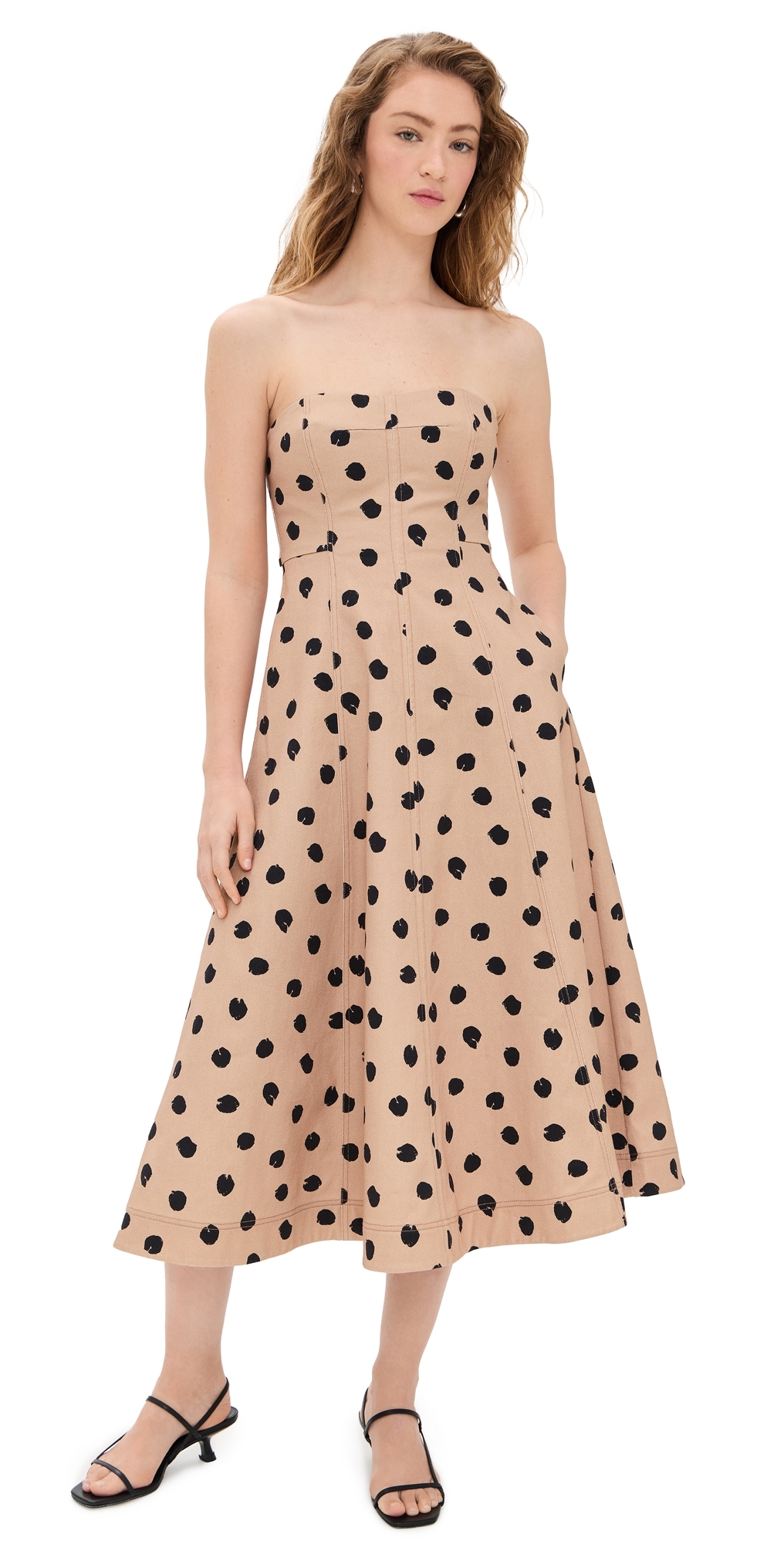 Cara Cara Spots-print Strapless Midi Day Dress In Spot Ginger Root