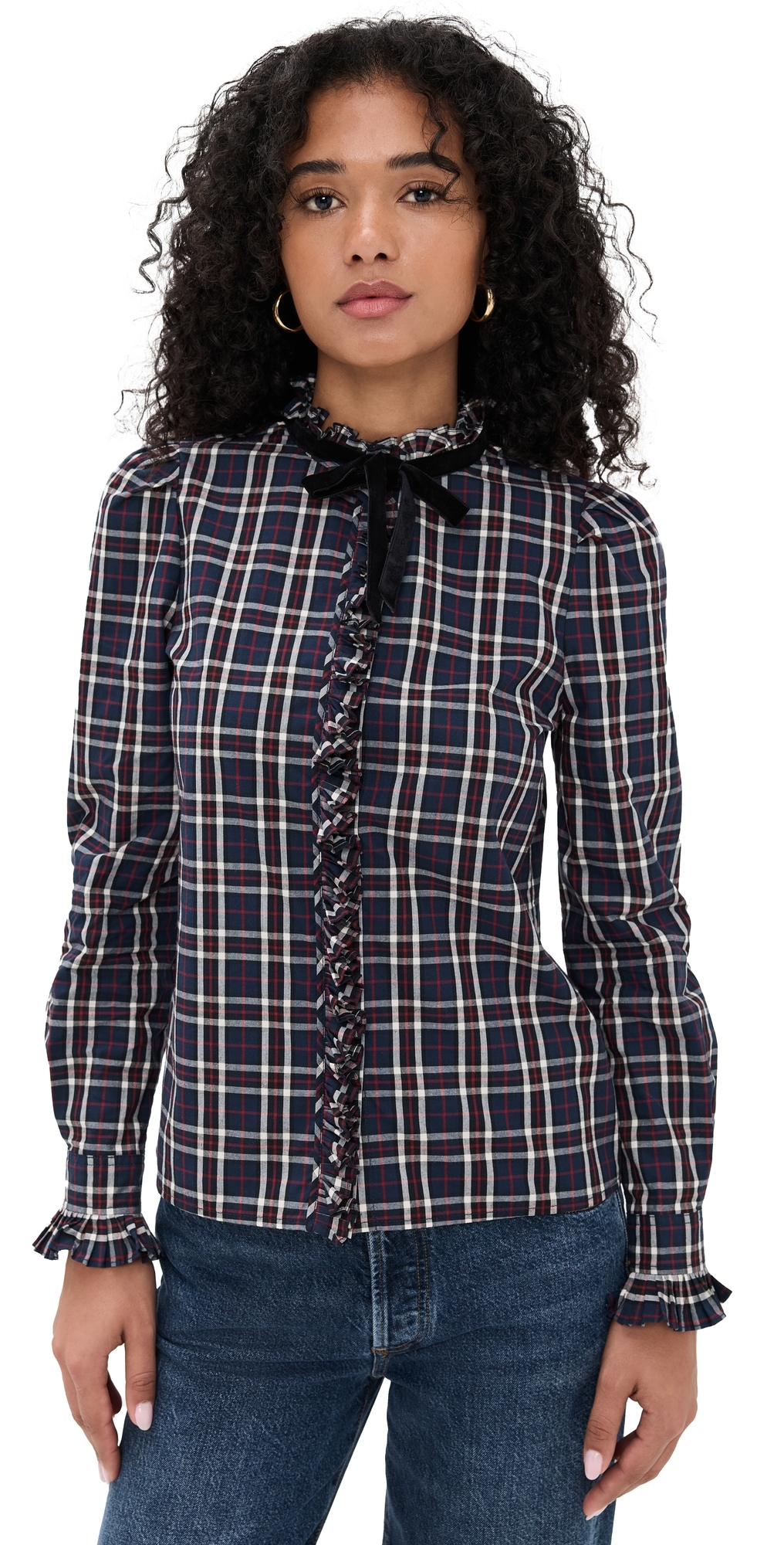 Cara Cara Pia Tartan Ruffled Shirt In Blue