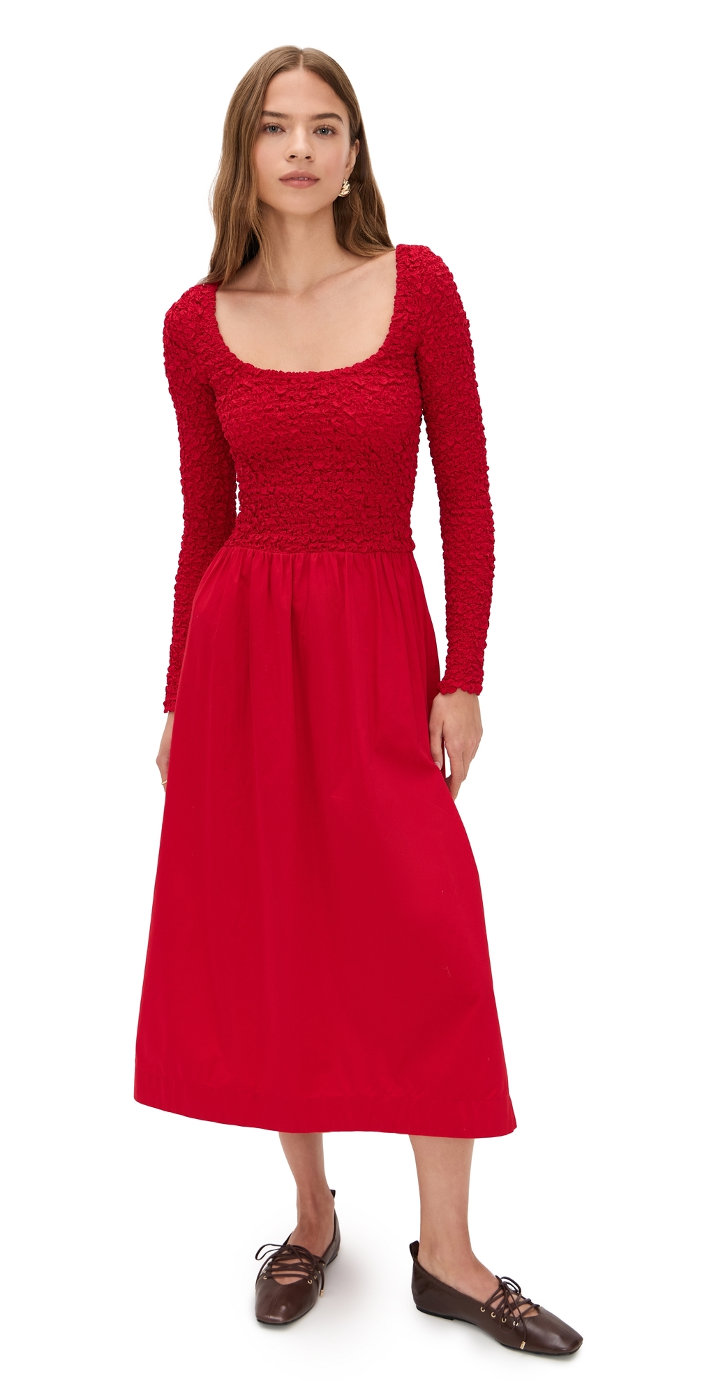 Damson Madder Malinda Super Smocked Midi Dress Red In Red