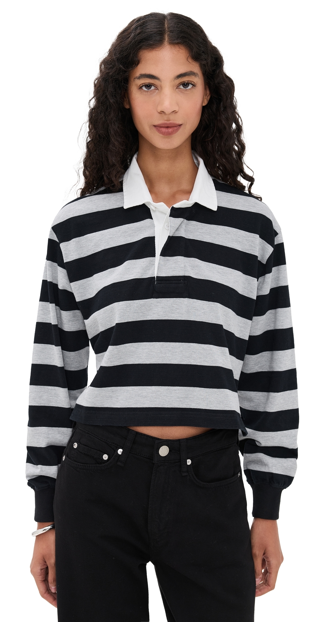 Denimist Rugby Long Sleeve Tee Grey/black Wide Stripe In Black