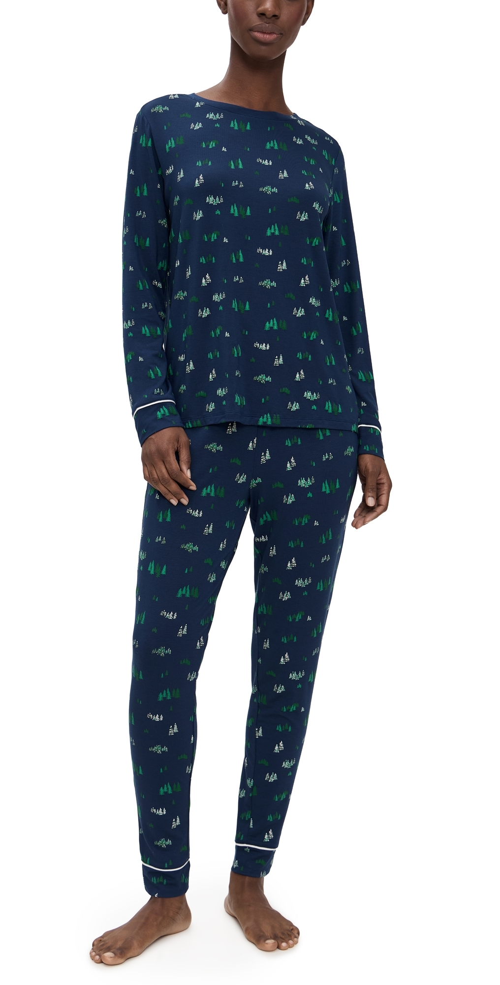 Eberjey Gisele Printed Crew Pajama Set Forest Pine Navy/ivory In Blue