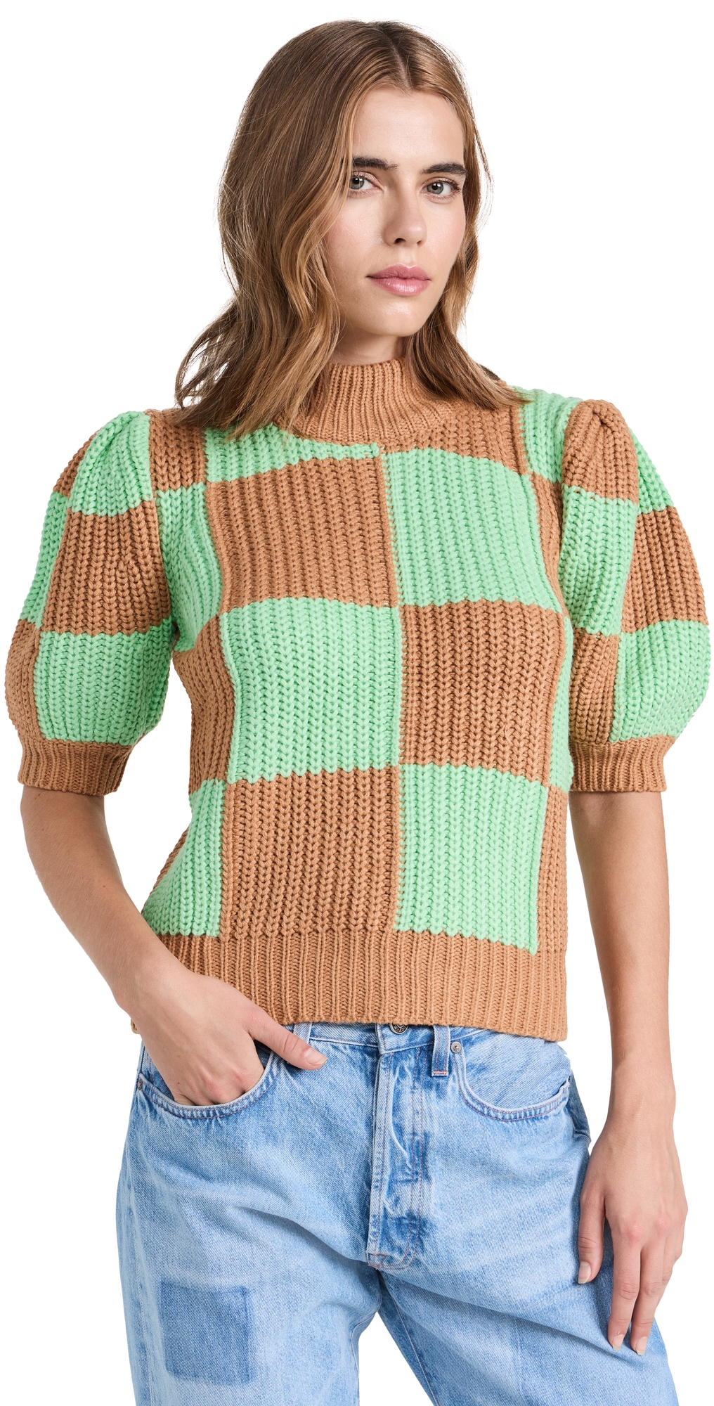 English Factory Check Pattern Short Sleeve Shaker Stitch Sweater In Brown/green