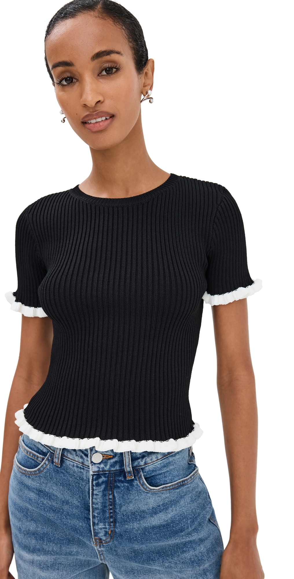 English Factory Ruffle Detailed Knit Top Black/white In Black/white