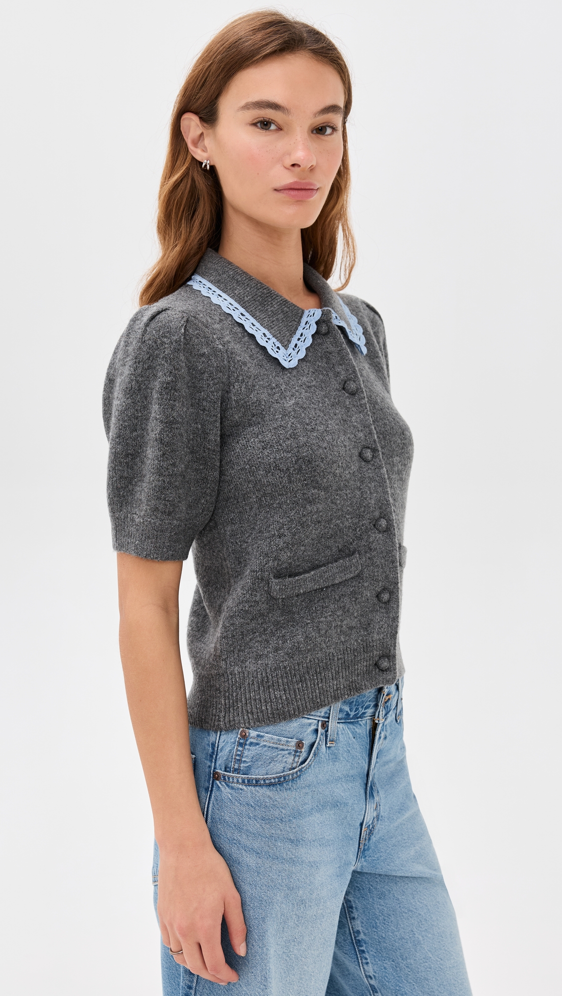 English Factory Lace Trimmed Puff Sleeve Knit Cardigan thumbnail
