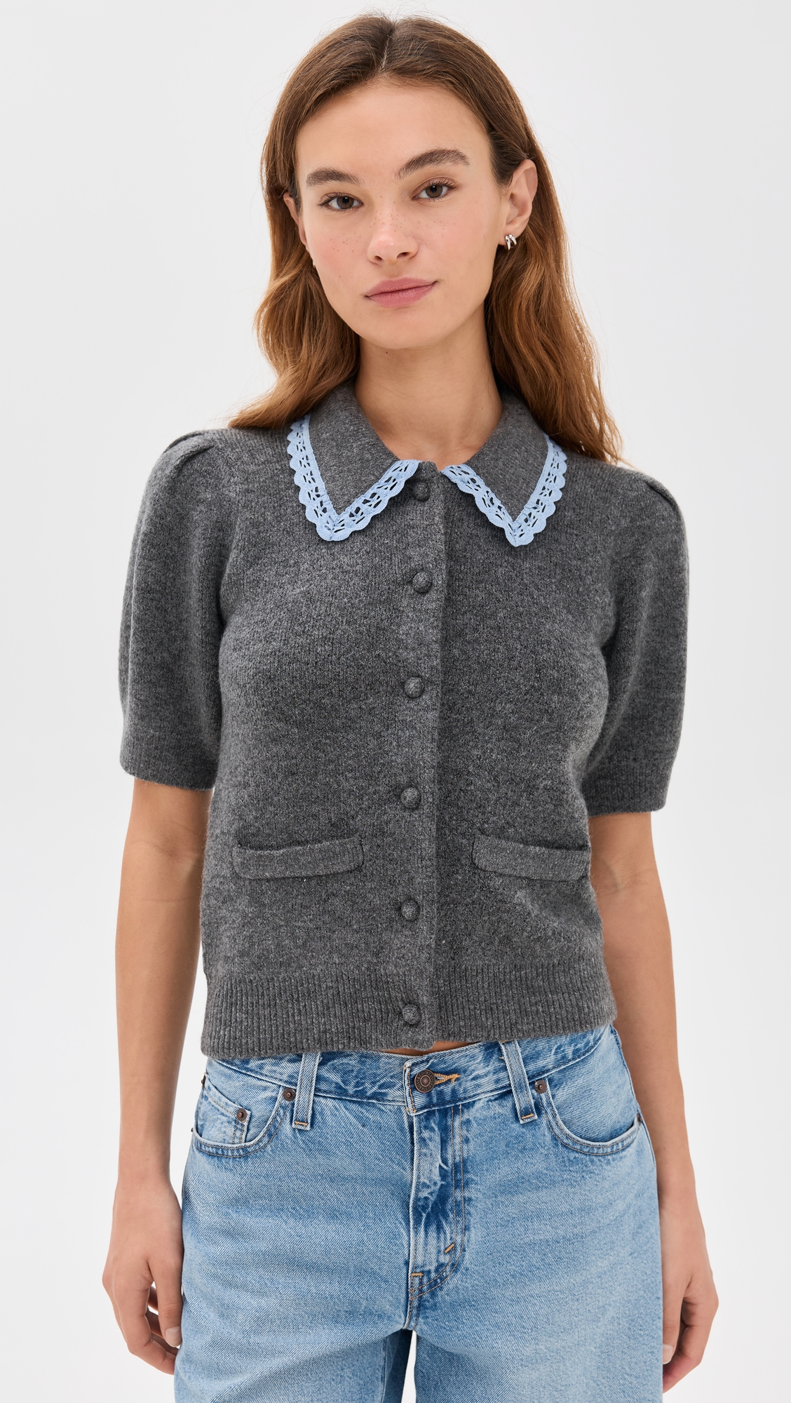 English Factory Lace Trimmed Puff Sleeve Knit Cardigan thumbnail