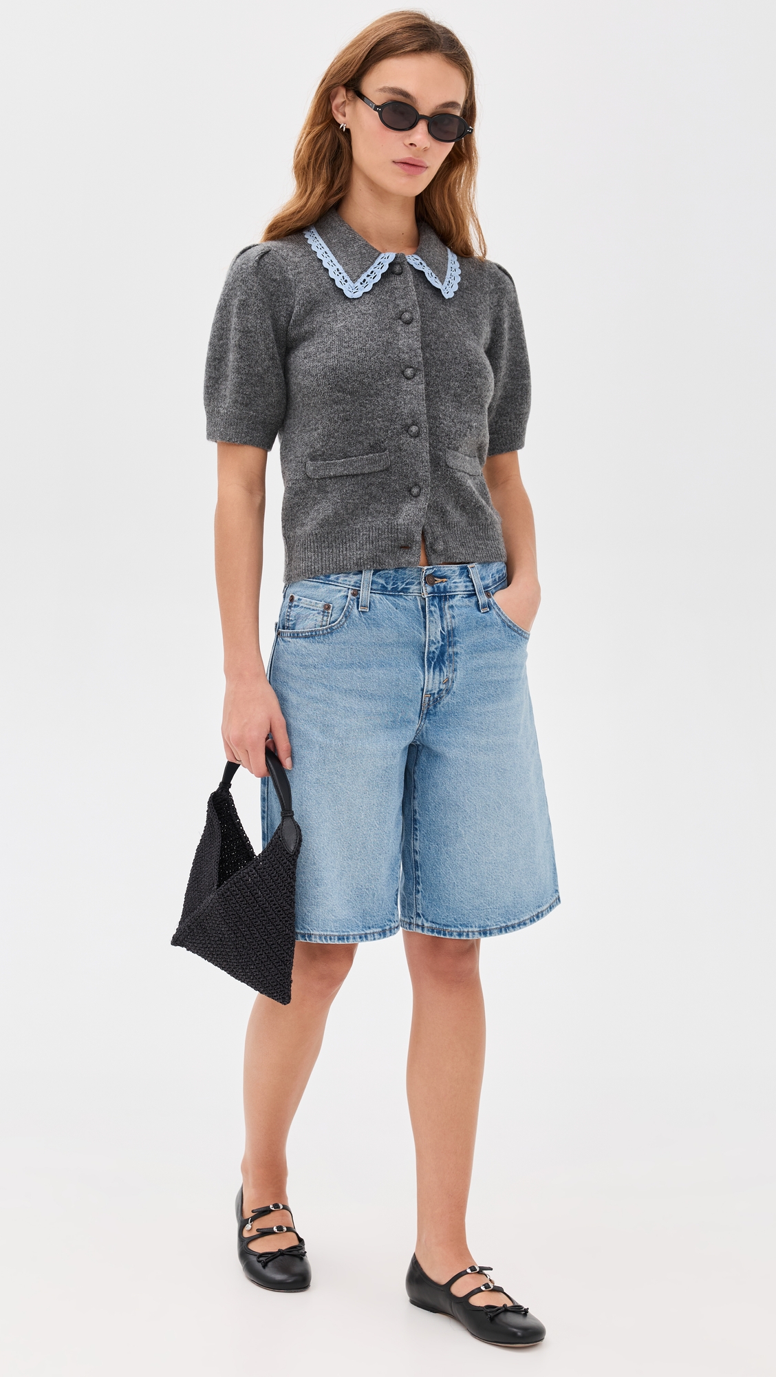 English Factory Lace Trimmed Puff Sleeve Knit Cardigan thumbnail