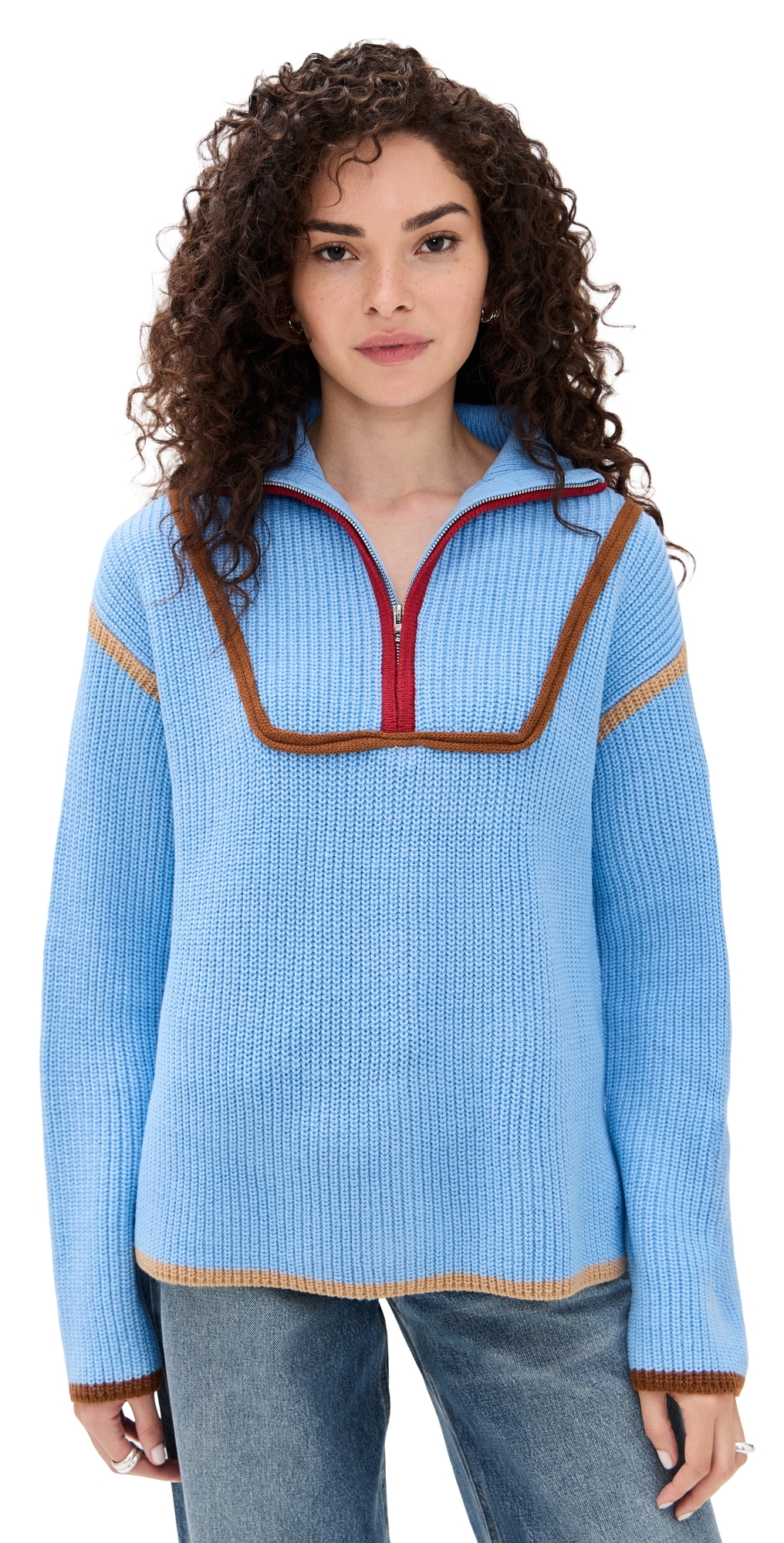 English Factory Contrast Piping Quarter Zip Sweater Ocean Blue Multi In Multi