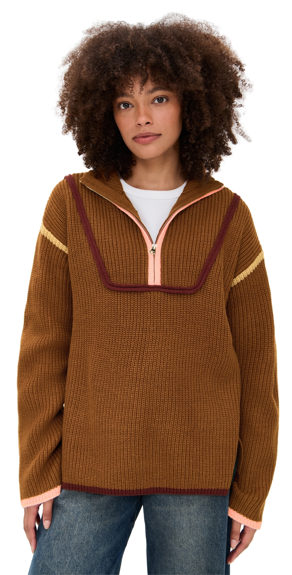 English Factory Contrast Piping Quarter Zip Sweater Mocha Multi In Brown