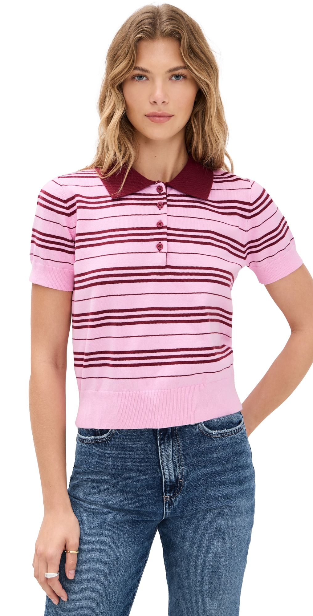 English Factory Striped Polo Knit Top Pink/burgundy In Pink