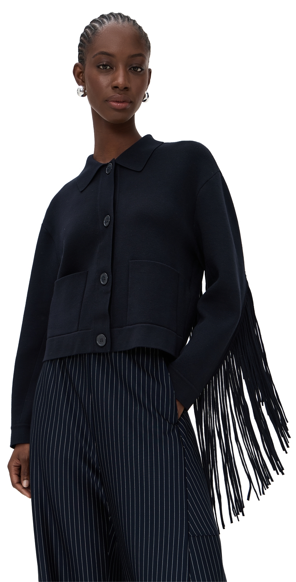 Essentiel Antwerp Navy Cropped Knitted Jacket With Fringe Details In Blue