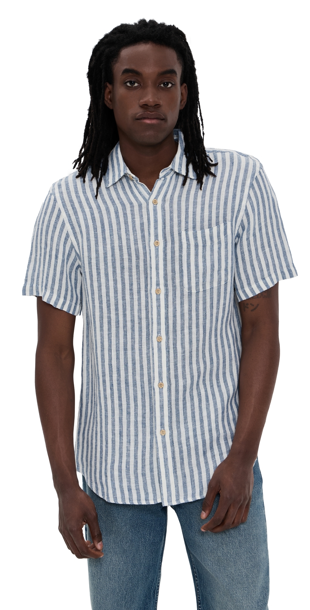Faherty Palma Basketweave Linen Short Sleeve Shirt Horizon Ivory Stripe