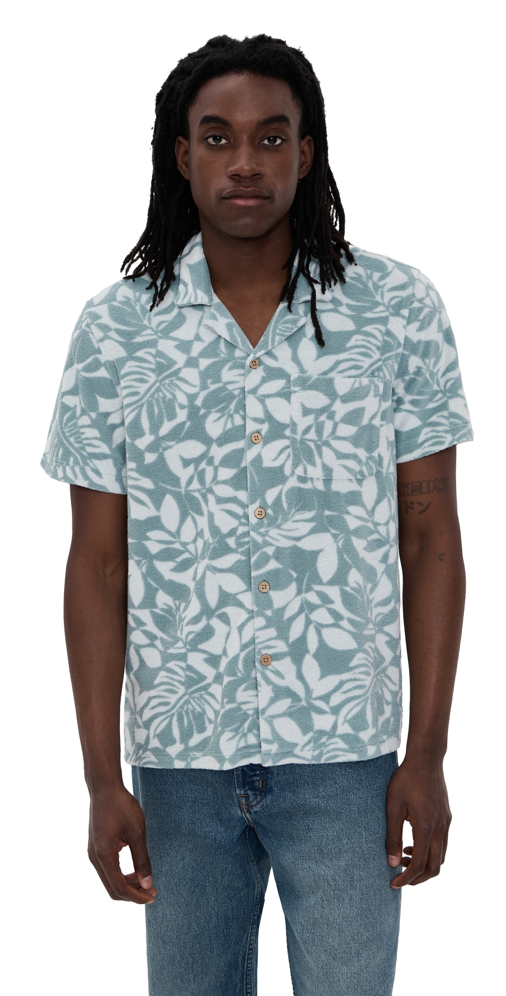 Faherty Cabana Towel Terry Shirt Poolside Foliage Teal In Blue