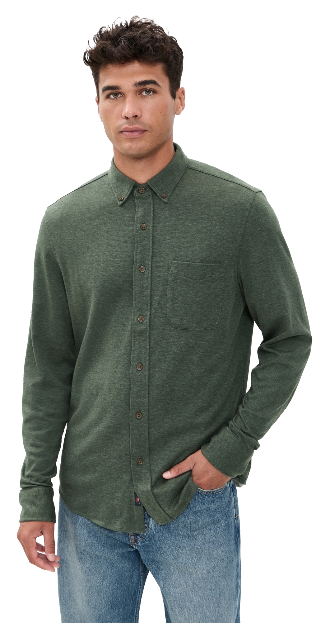 Faherty Coastline Knit Shirt Forest Heather Twill In Green