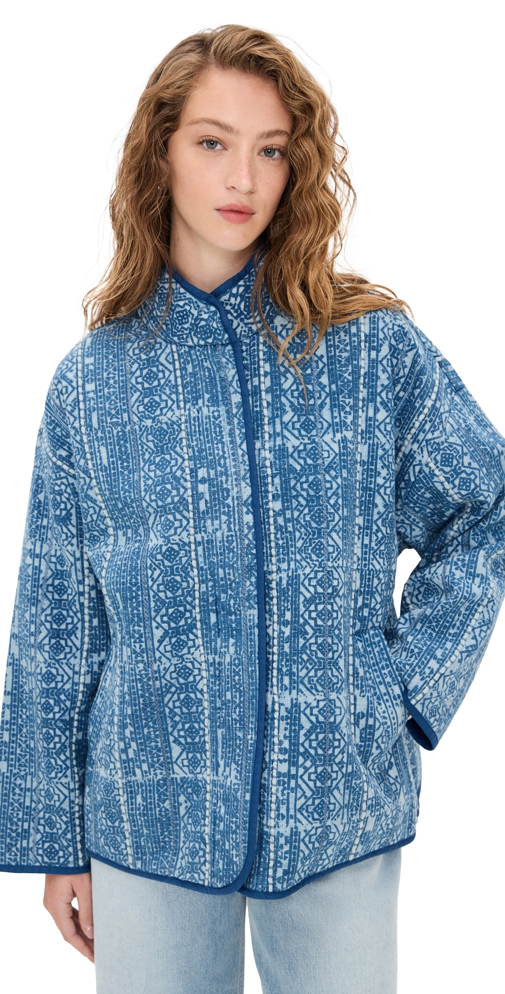Faherty Indigo Quilted Patchwork Jacket Akola Blockprint In Brown