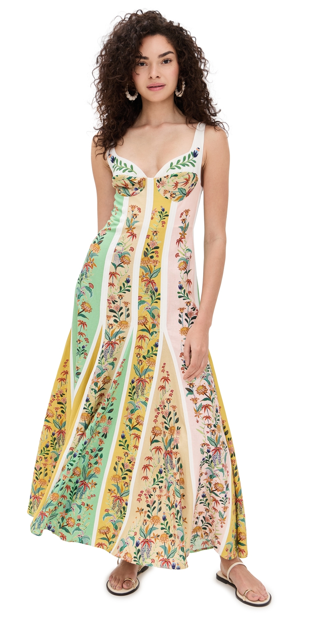 Farm Rio Delicate Floral Stripes Midi Dress In Green