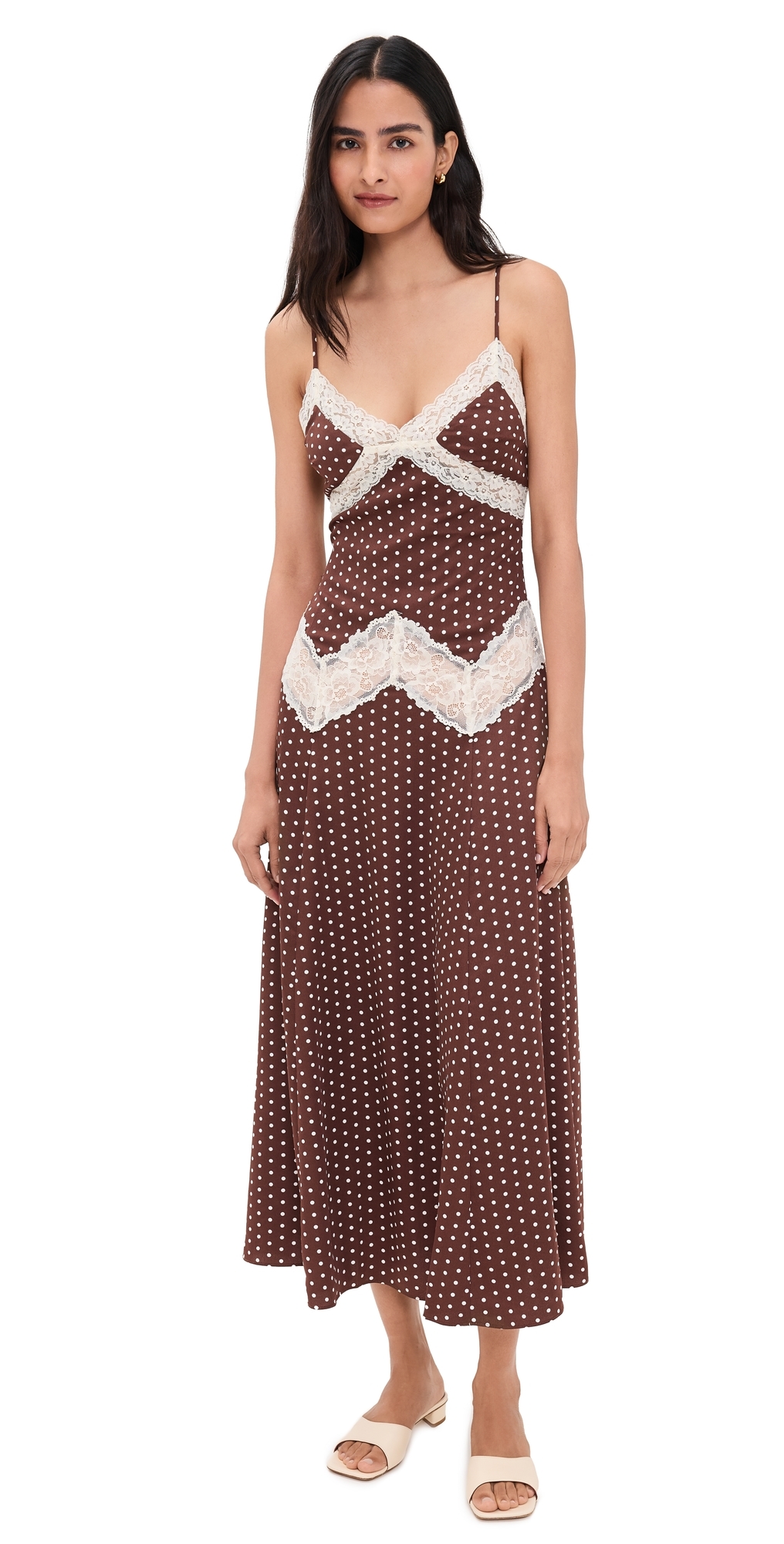 Frankies Bikinis Ethereal Satin Maxi Dress Chocolate Dot In Brown
