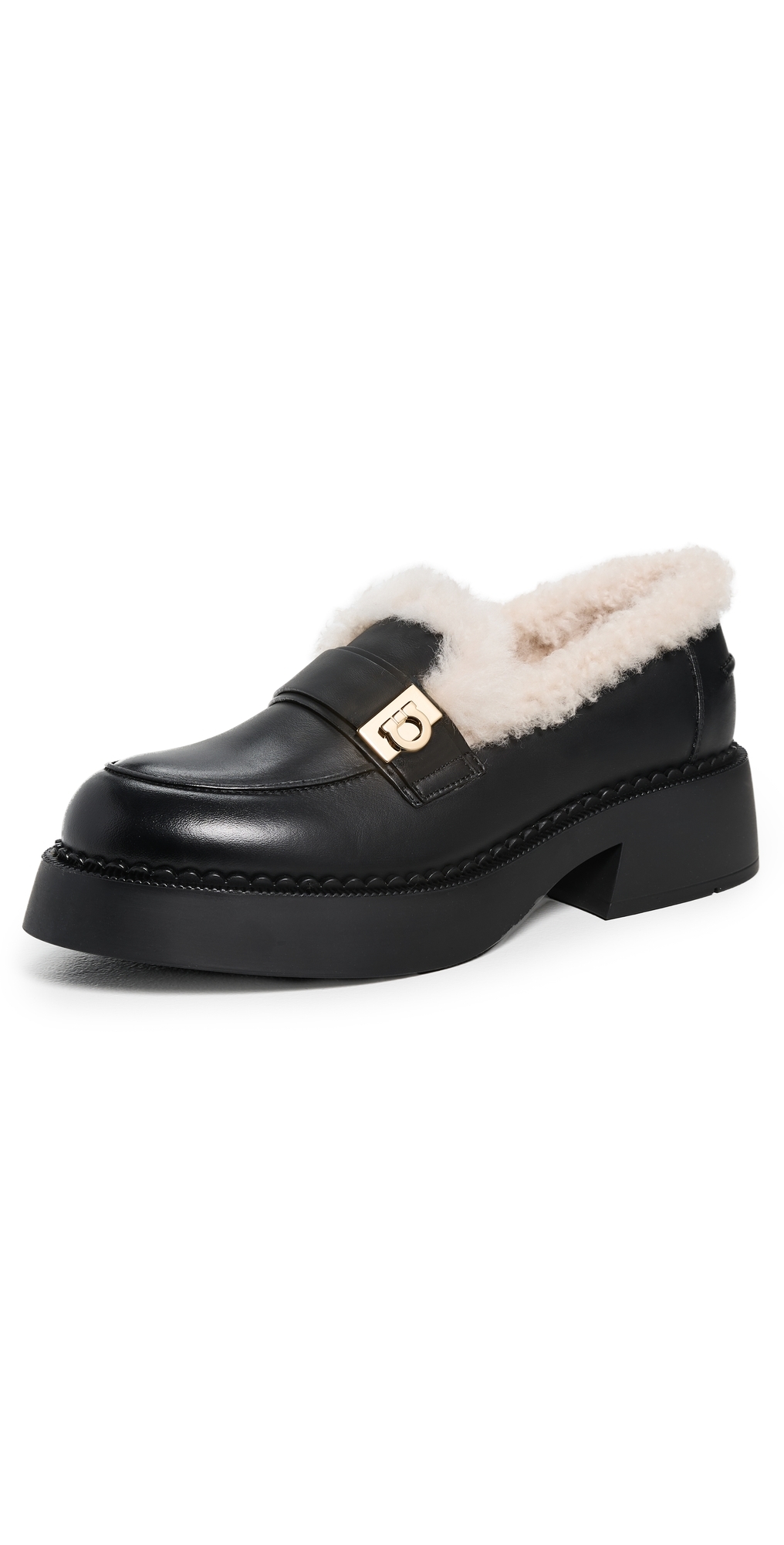 Ferragamo Mirty Vara Bow Shearling Leather Loafers In Black