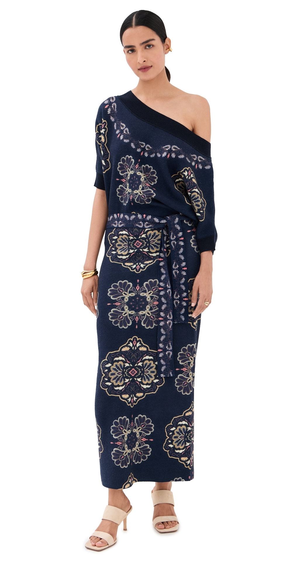 Figue Kristi Medallion-print Wool-cashmere Midi Sweater Dress In Blue