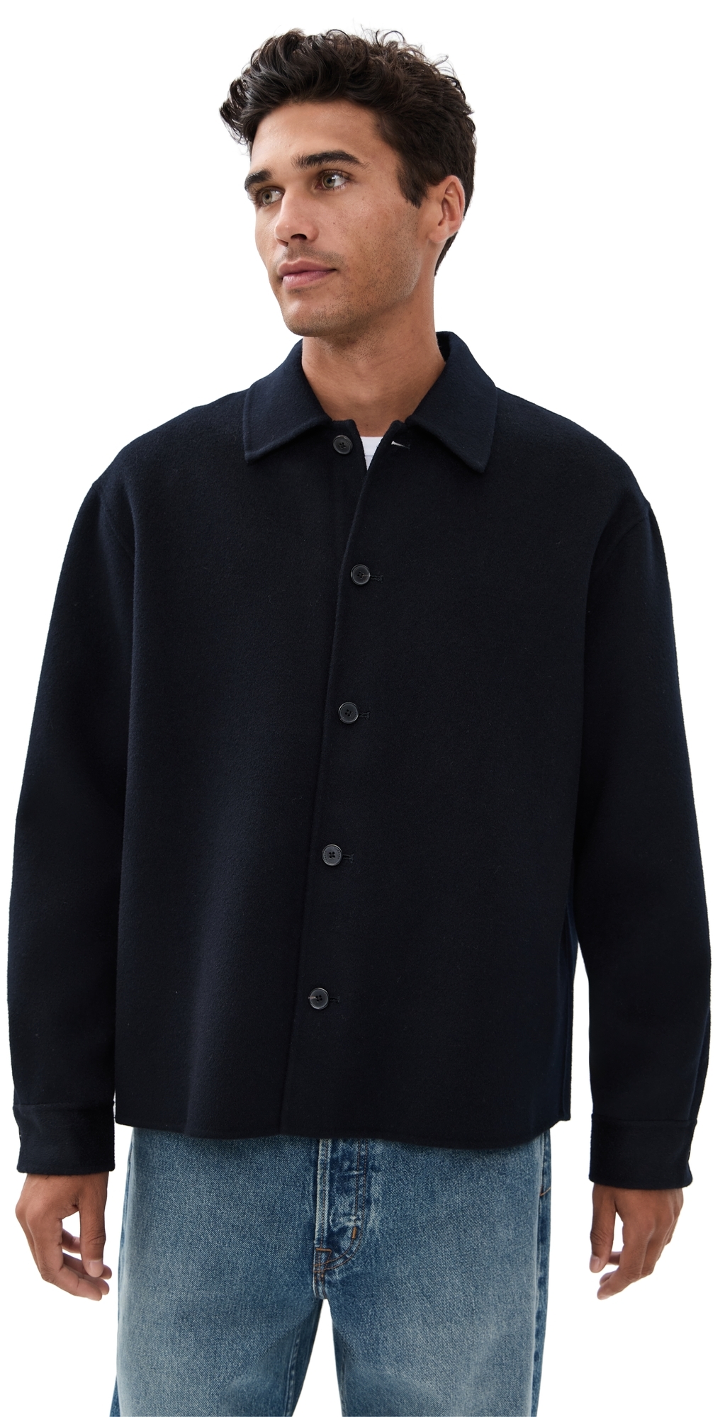 Frame Double Face Wool Shirt Jacket Dark Navy In Black