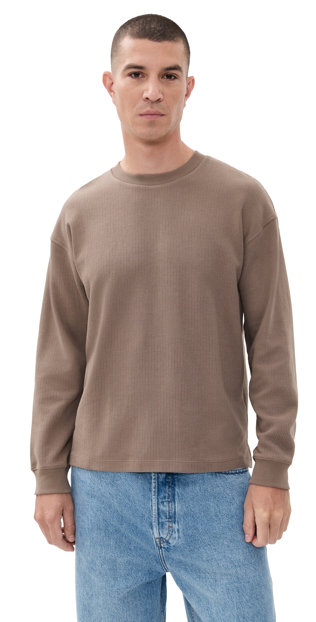 Frame Long Sleeve Waffle Textured Tee Latte Brown In Gray