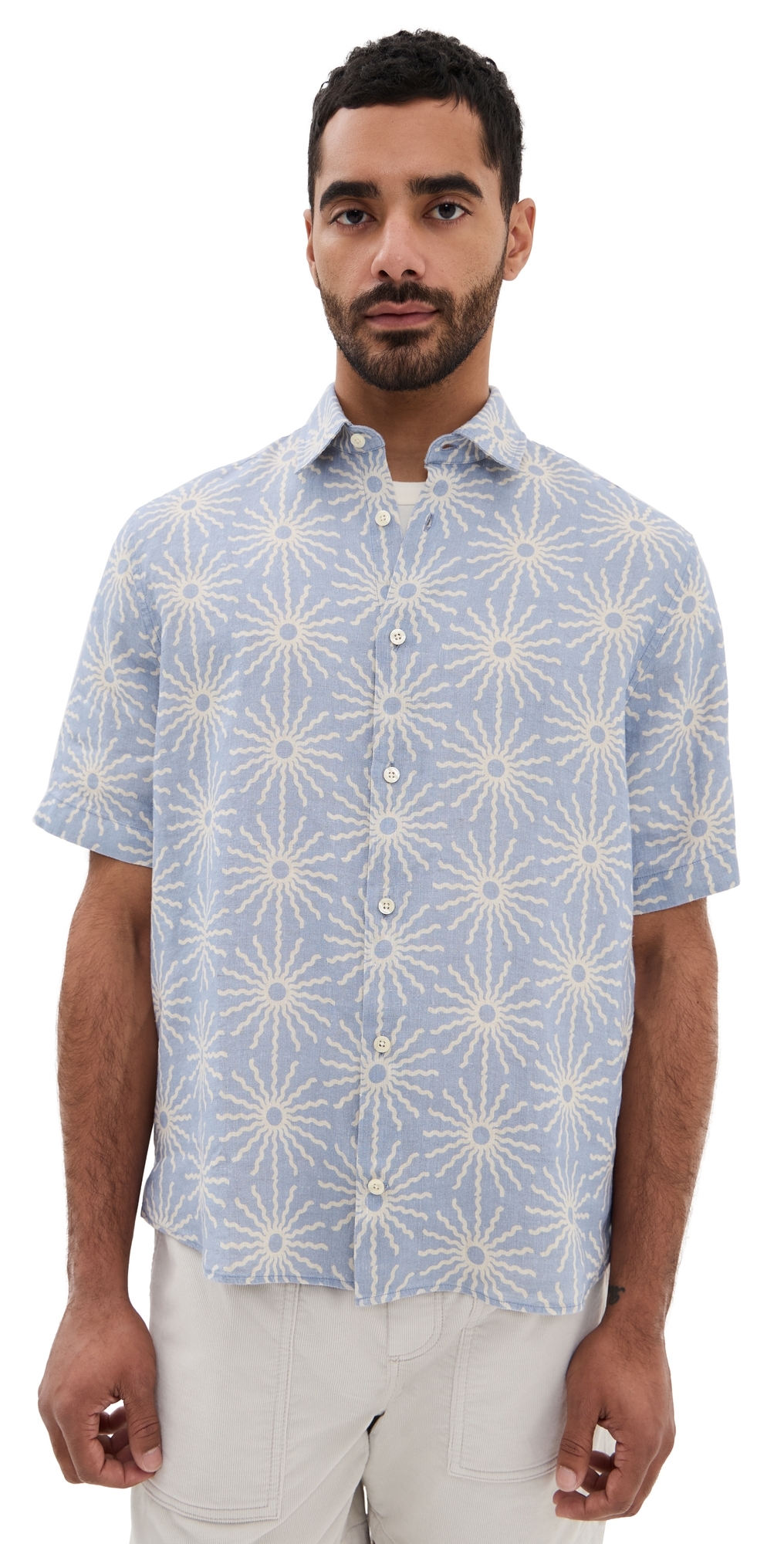 Frescobol Carioca Castro Linen Copa Sol Printed Shirt Chambray Blue In Chambray Blue