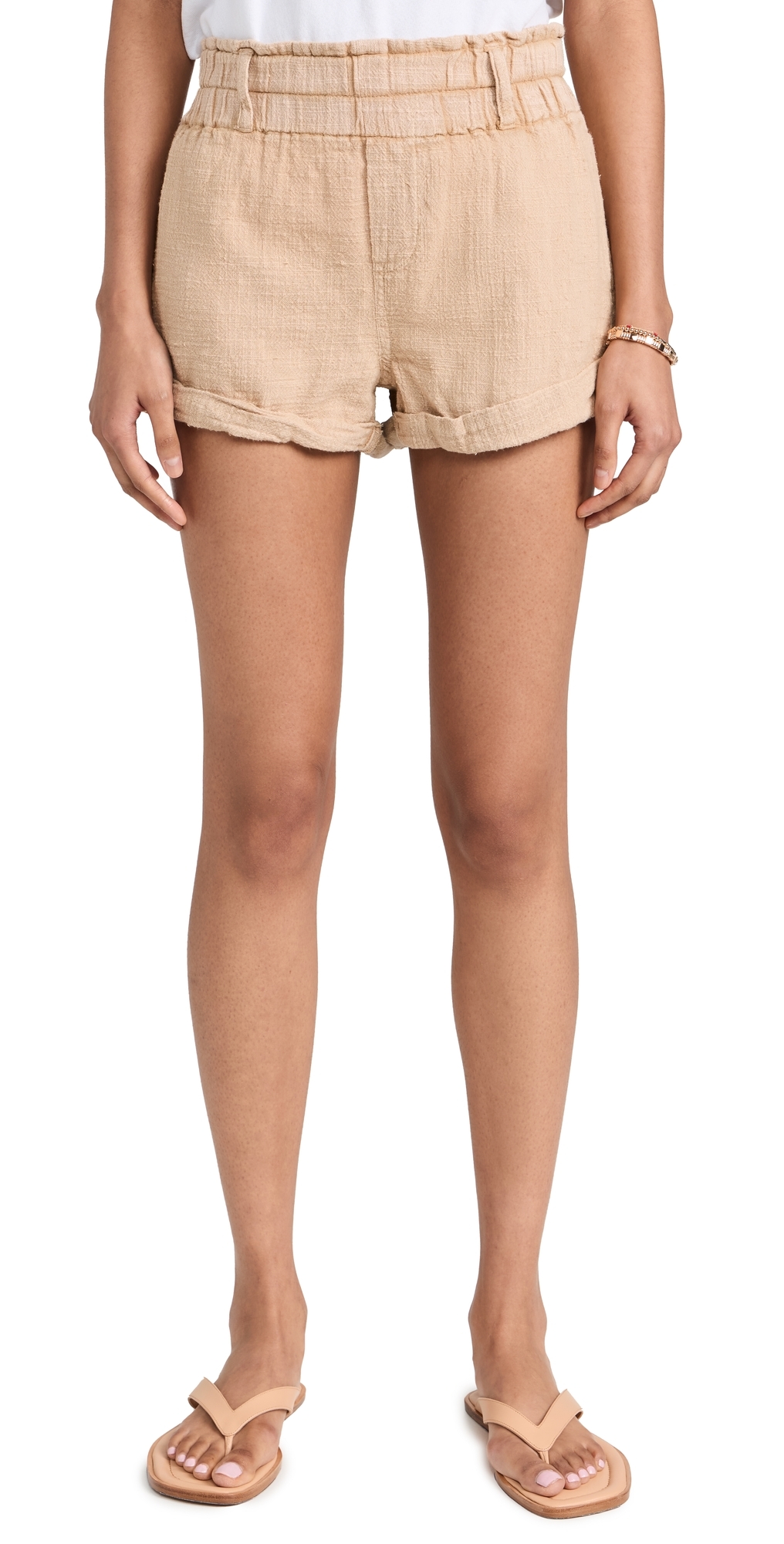 Free People Solor Baja Paperbag Waist Flare Cotton Shorts In Warm Sand