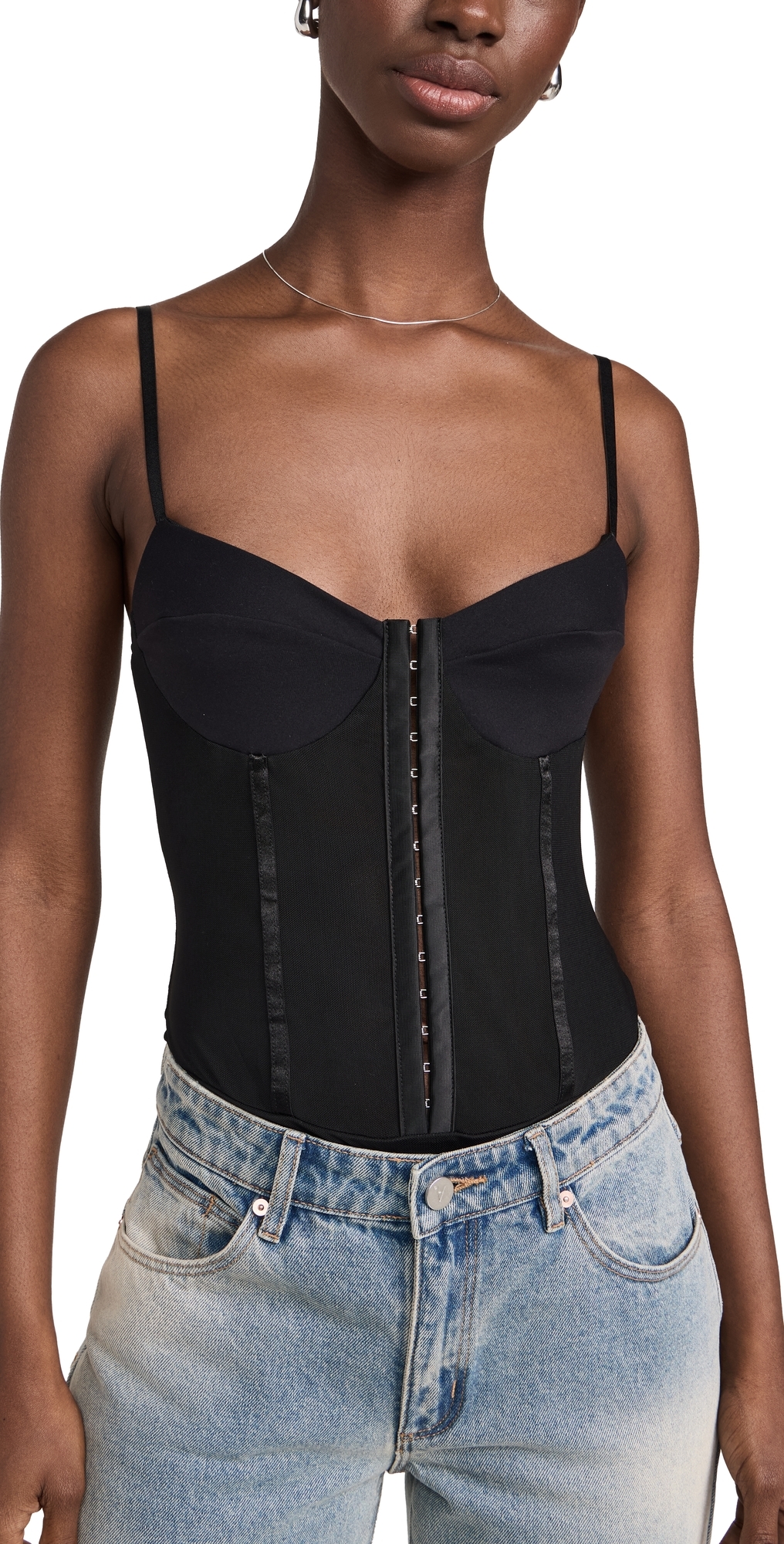 Free People Night Rhythm Corset Thong Bodysuit Black In Black