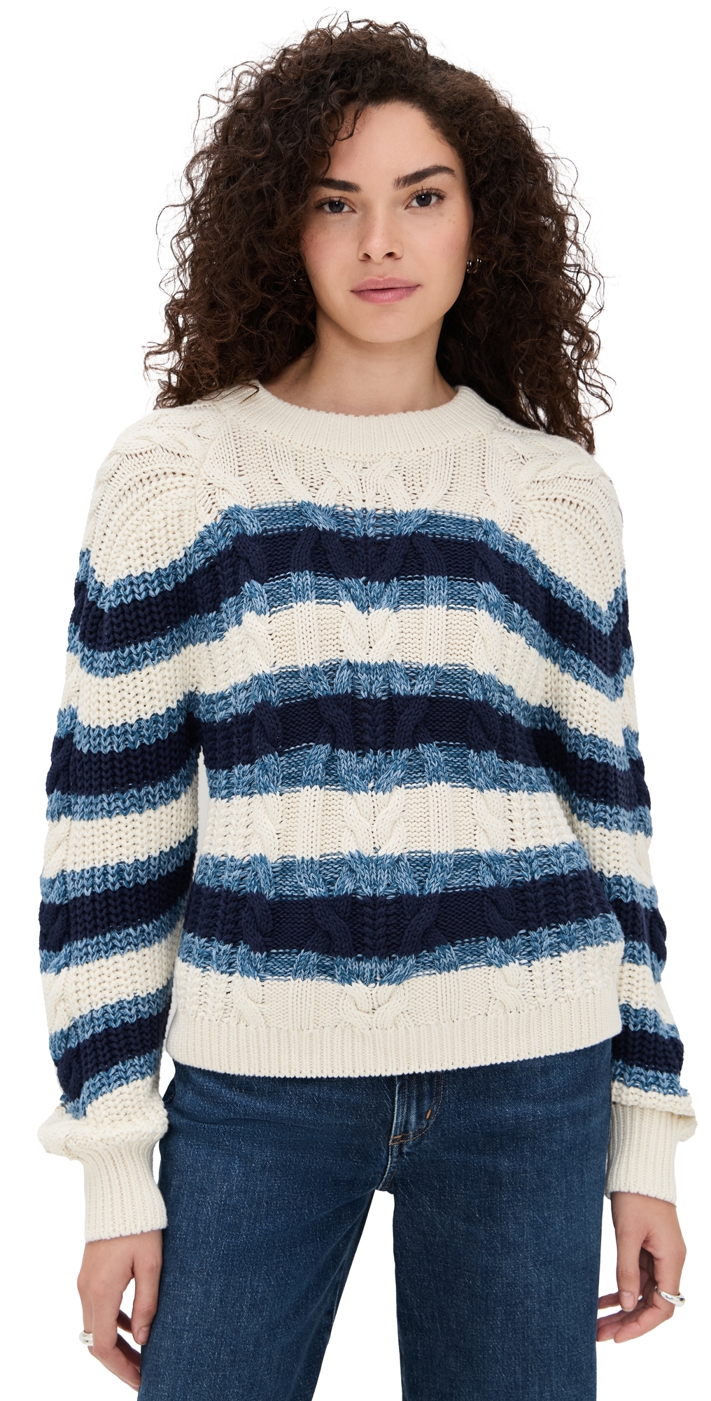 Free People Frankie Stripe Cable Stitch Cotton Sweater In Multi