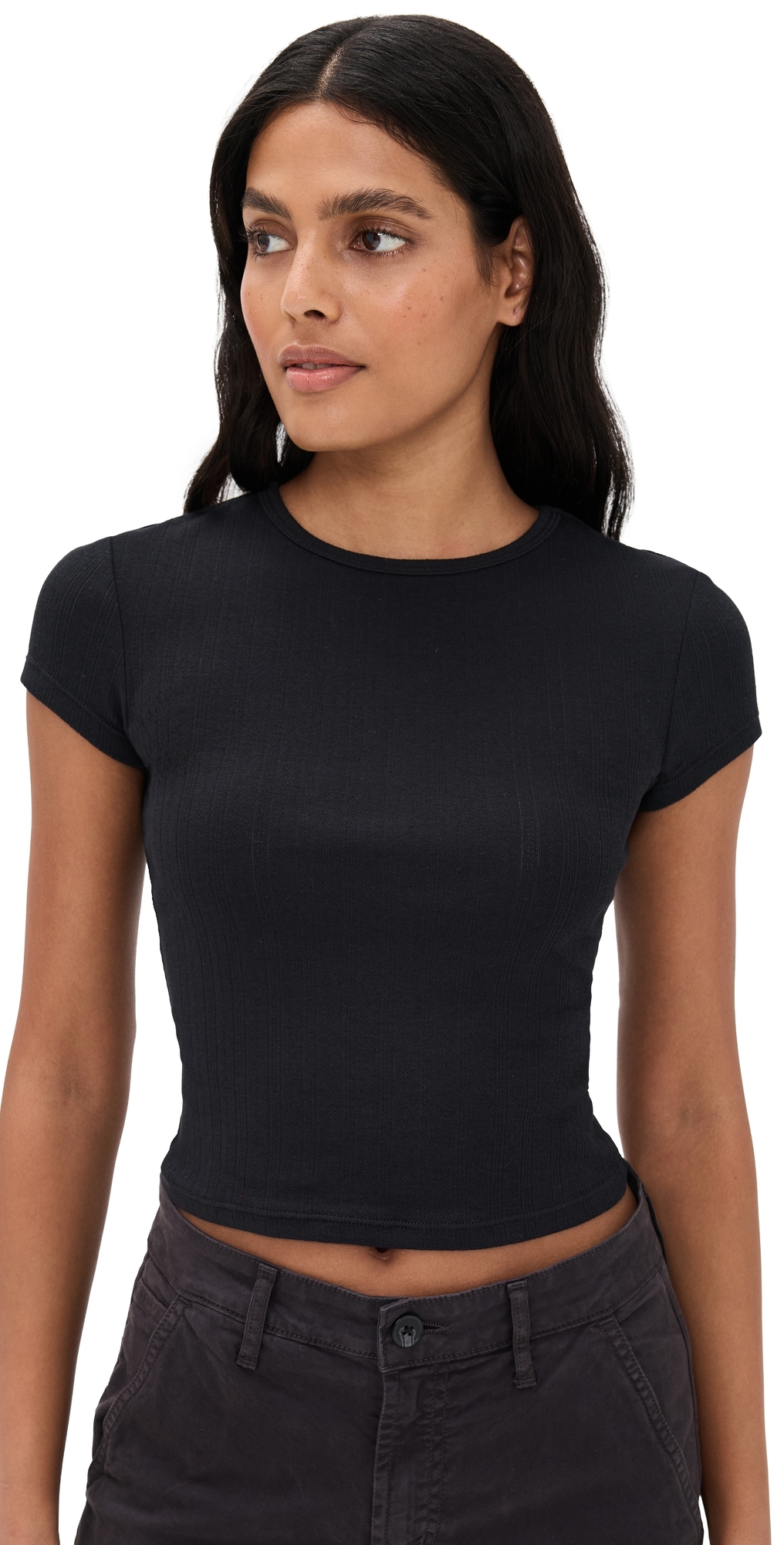 Free People Wait A Minute Baby Tee Anthracite In Black