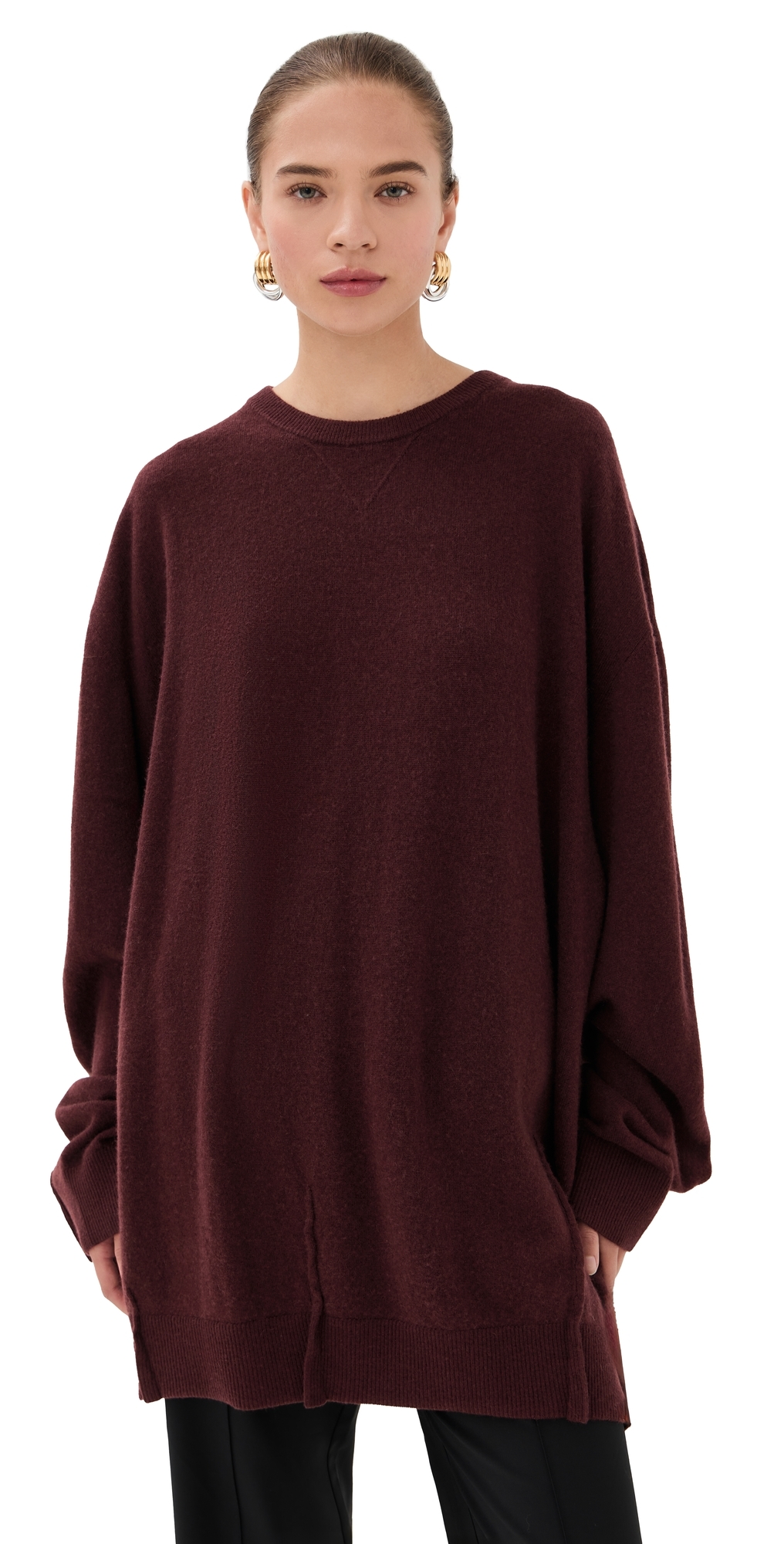 Frenken Round Cash-wool Sweater Burgundy In Burgundy