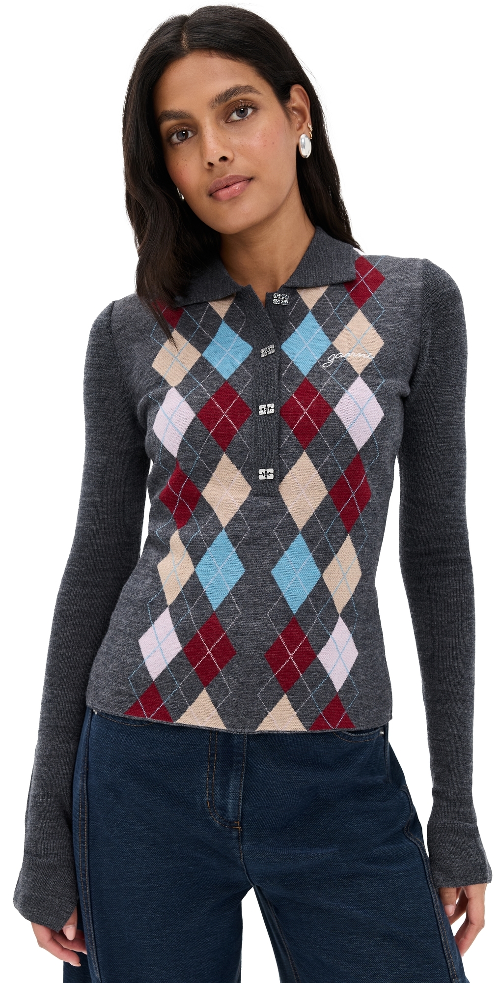 Ganni Long-sleeved Polo Shirt With Argyle Pattern In Gray