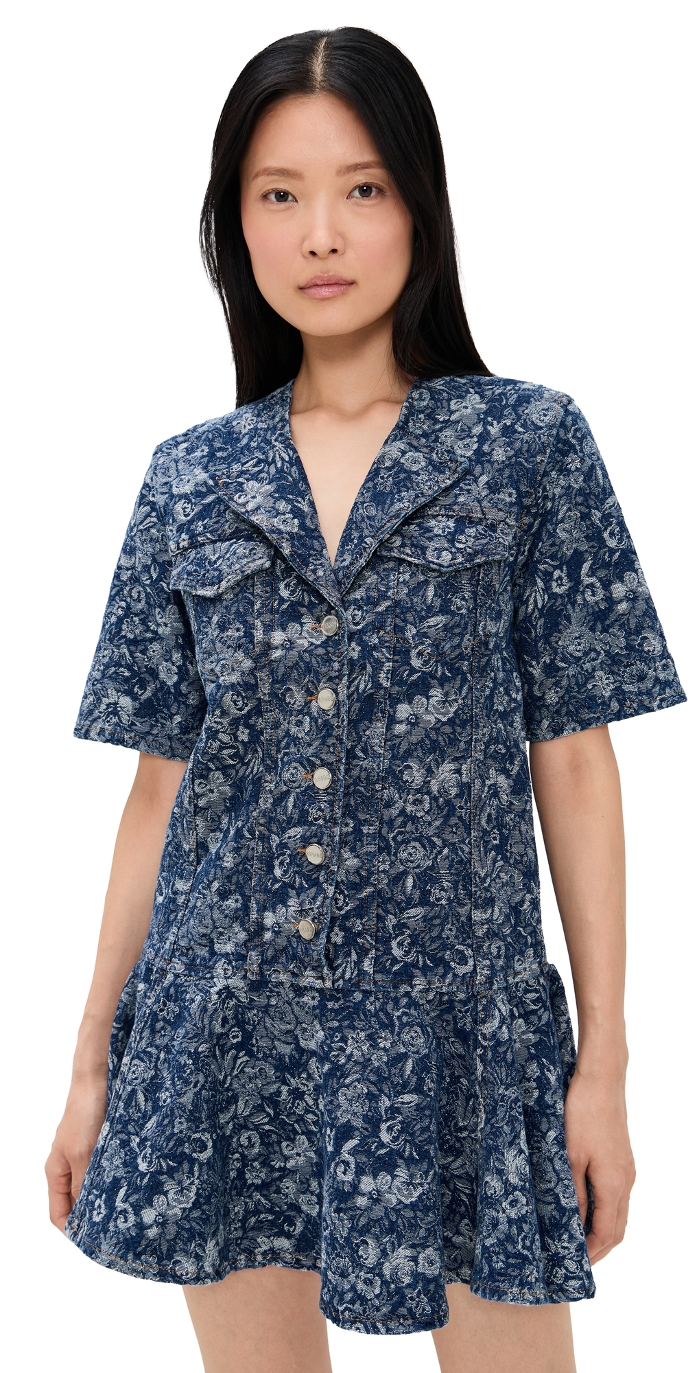 Ganni Tapestry Denim Mini Dress Mid Blue Stone In Blue