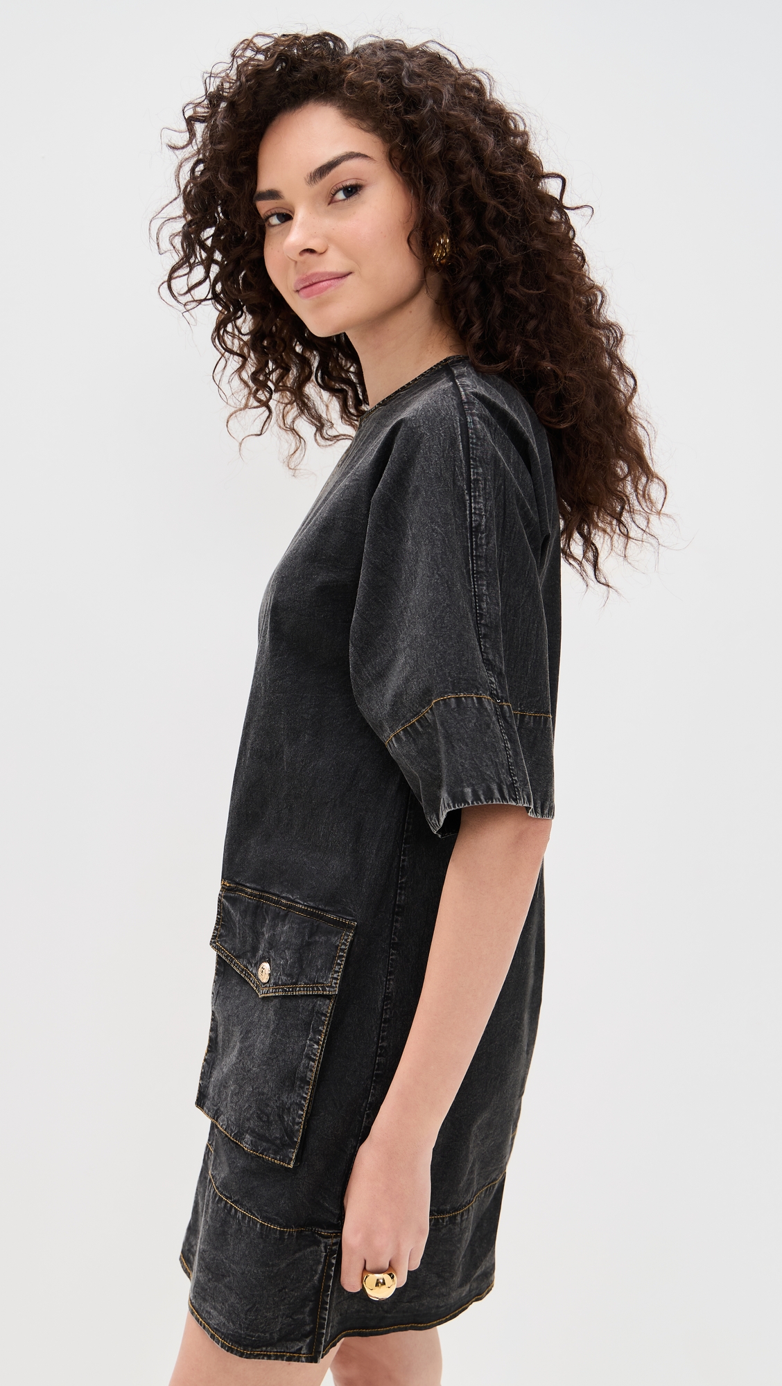 GANNI Washed Stretch Cotton Boxy Kimono Mini Dress thumbnail