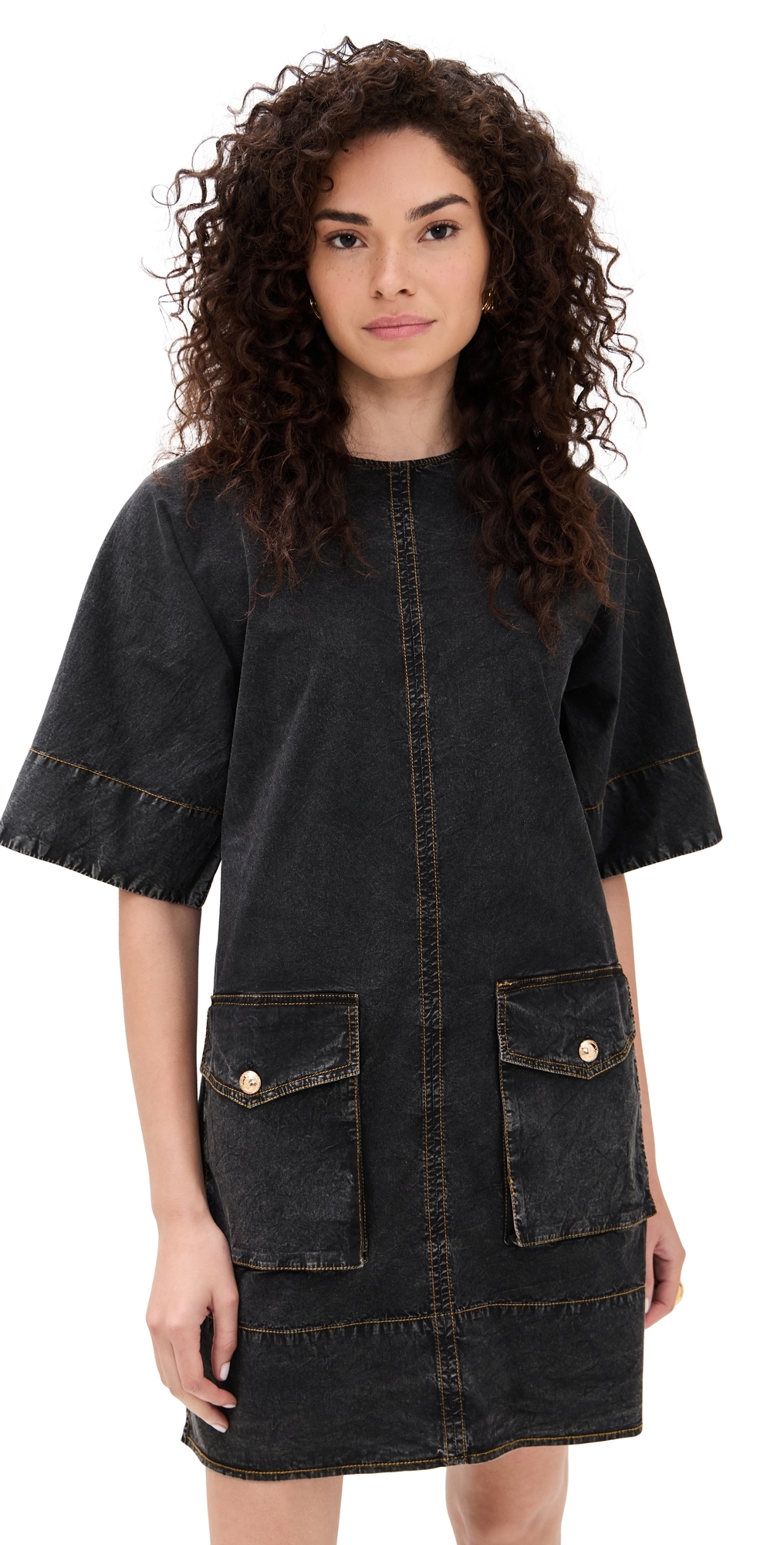 Ganni Washed Stretch Cotton Boxy Kimono Mini Dress Black In Black