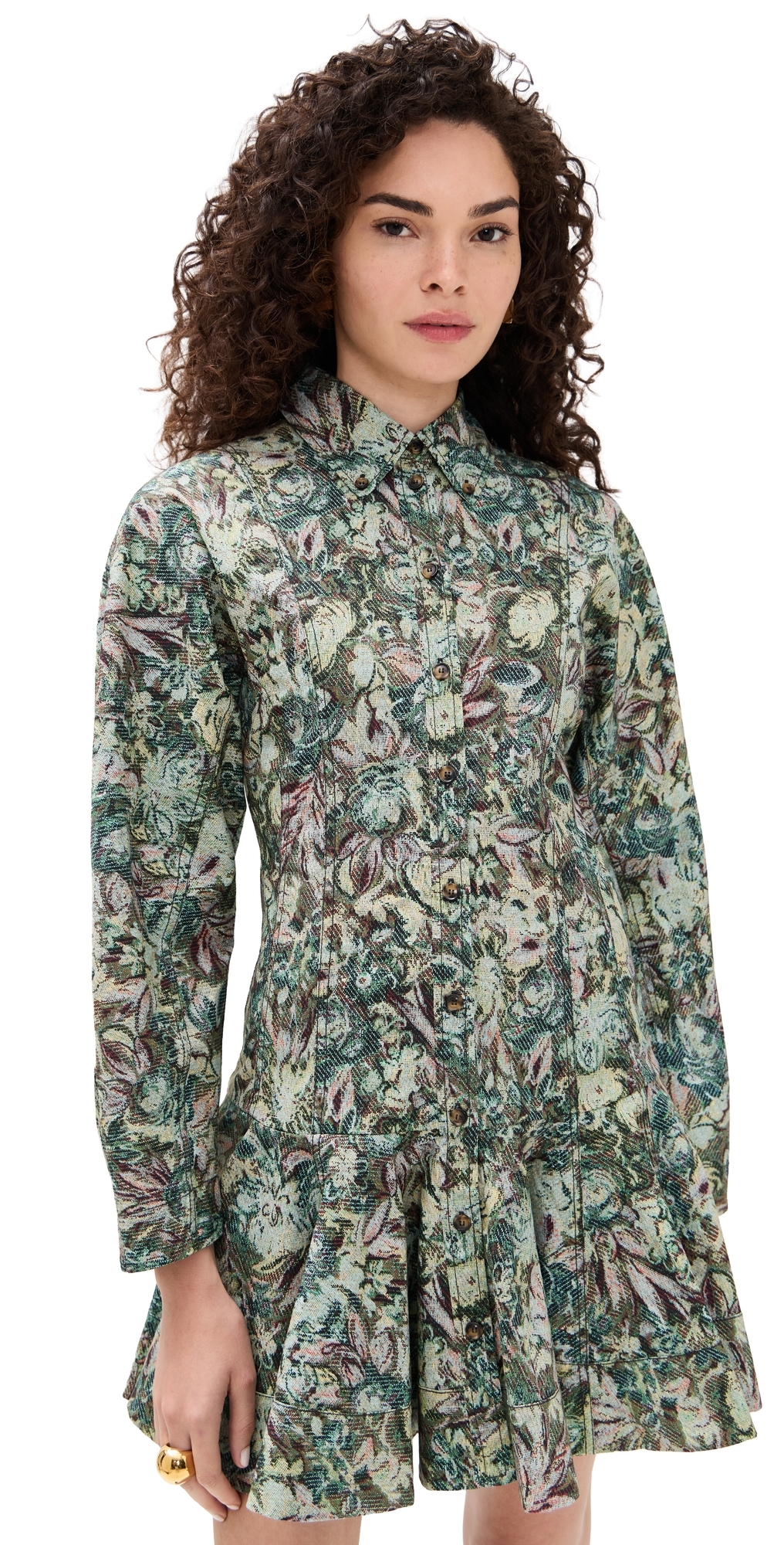 Ganni Printed Stretch Cotton Buttoned Mini Dress Jadeite In Multi