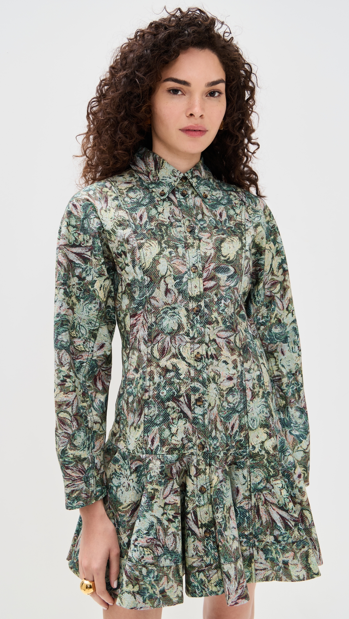 GANNI Printed Stretch Cotton Buttoned Mini Dress